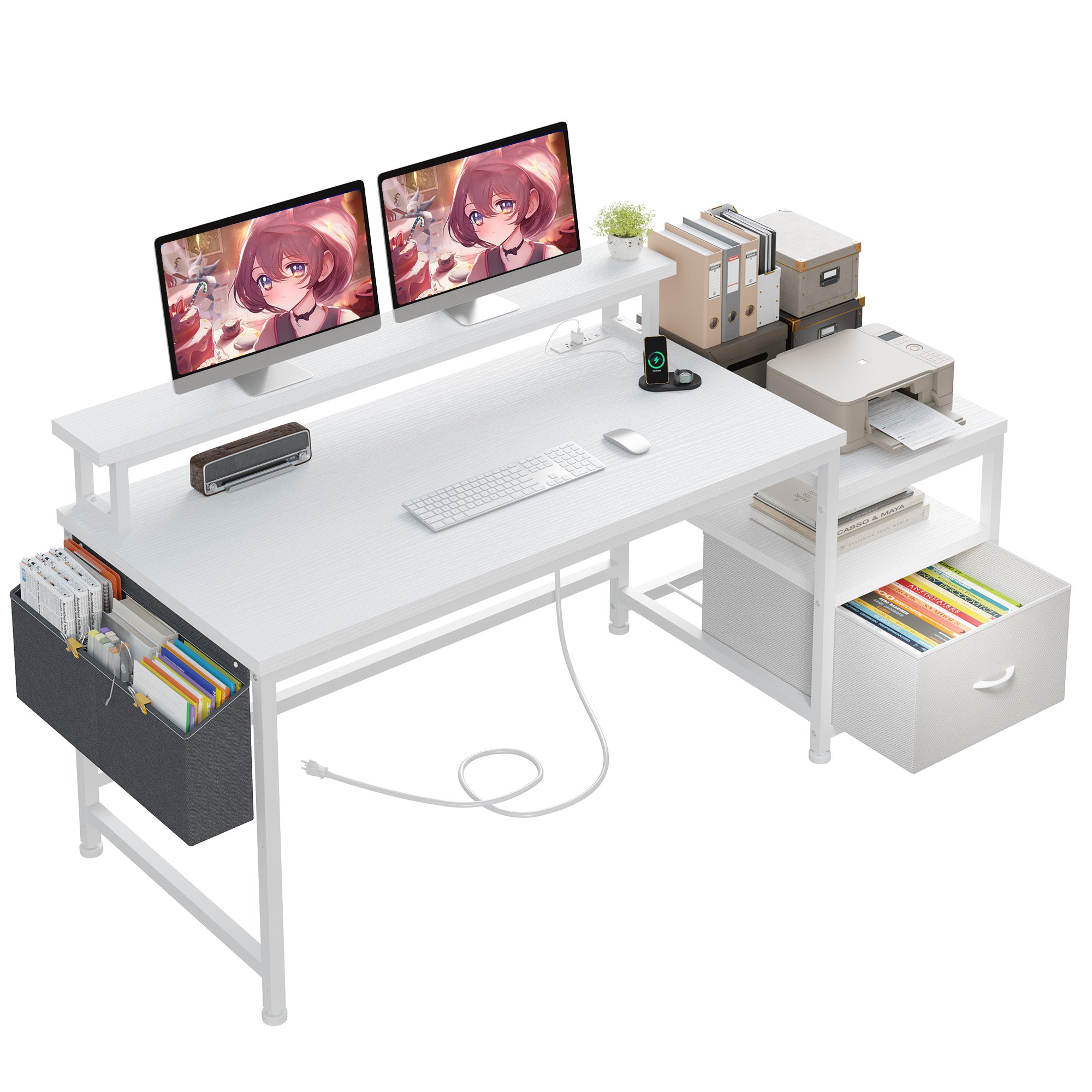 57" Computer Desk with Drawer, Gaming Desk with Moniter Stand, Home Office Desk for Bedroom Dorm