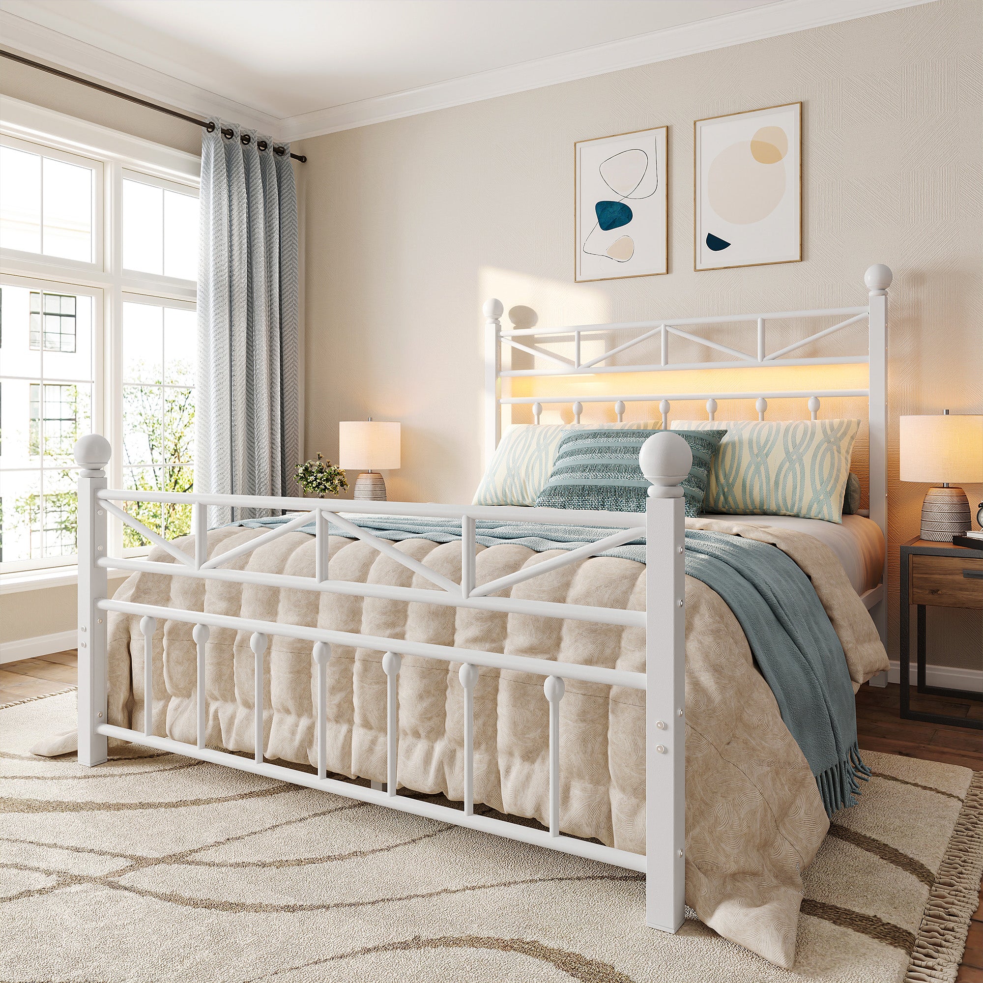 LED Metal Bed Frame with Tall Headboard & Footboard, Vintage Industrial Bed, Under Bed Storage & No Box Spring Needed, Noise-Free Design for Modern & Farmhouse Bedrooms