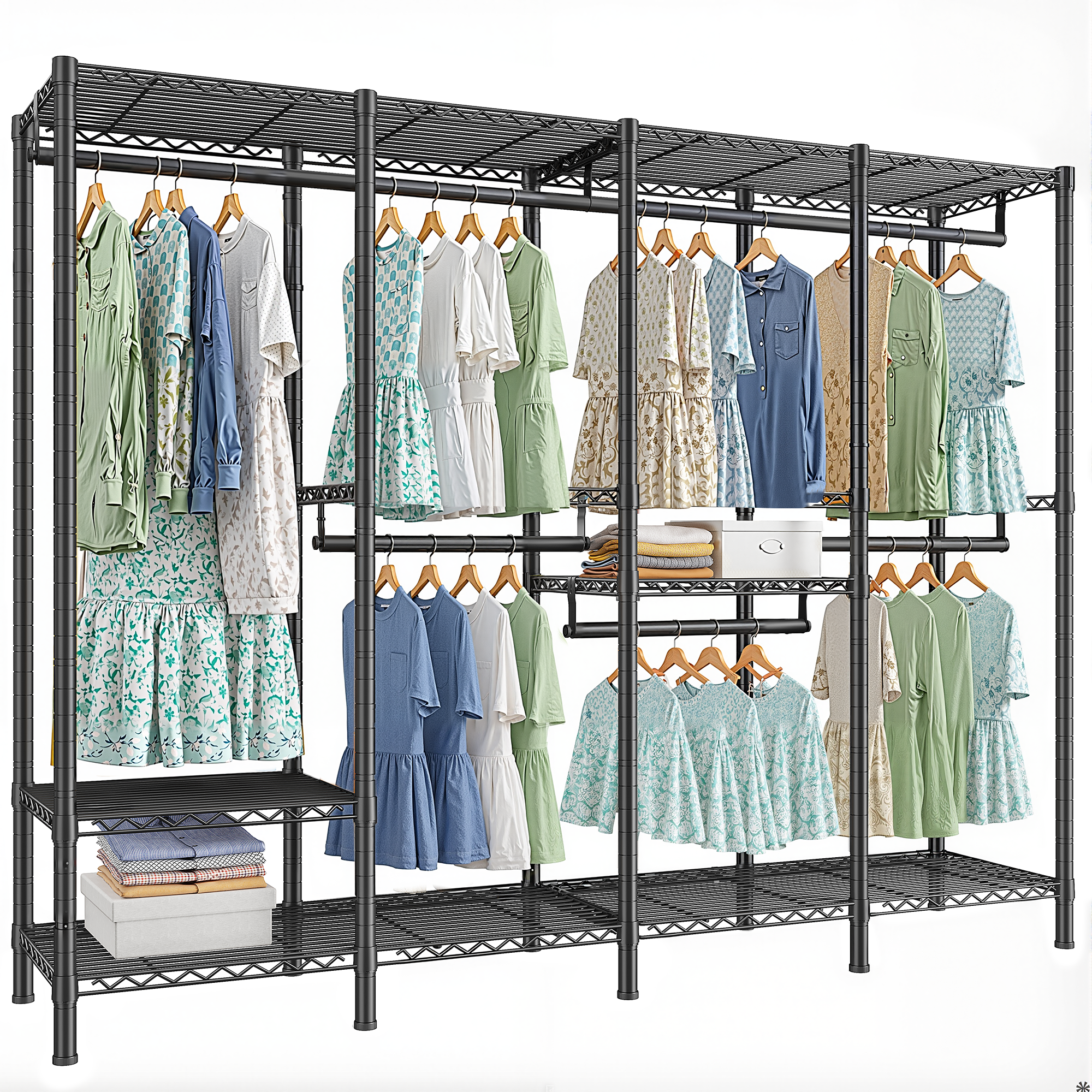 Snhomee 76"W 1100LBS Heavy Duty Clothing Rack with Shelves Metal Clothes Hanger Rack for Hanging Clothes-Home Storage > Clothes Rack-Black-snhomee