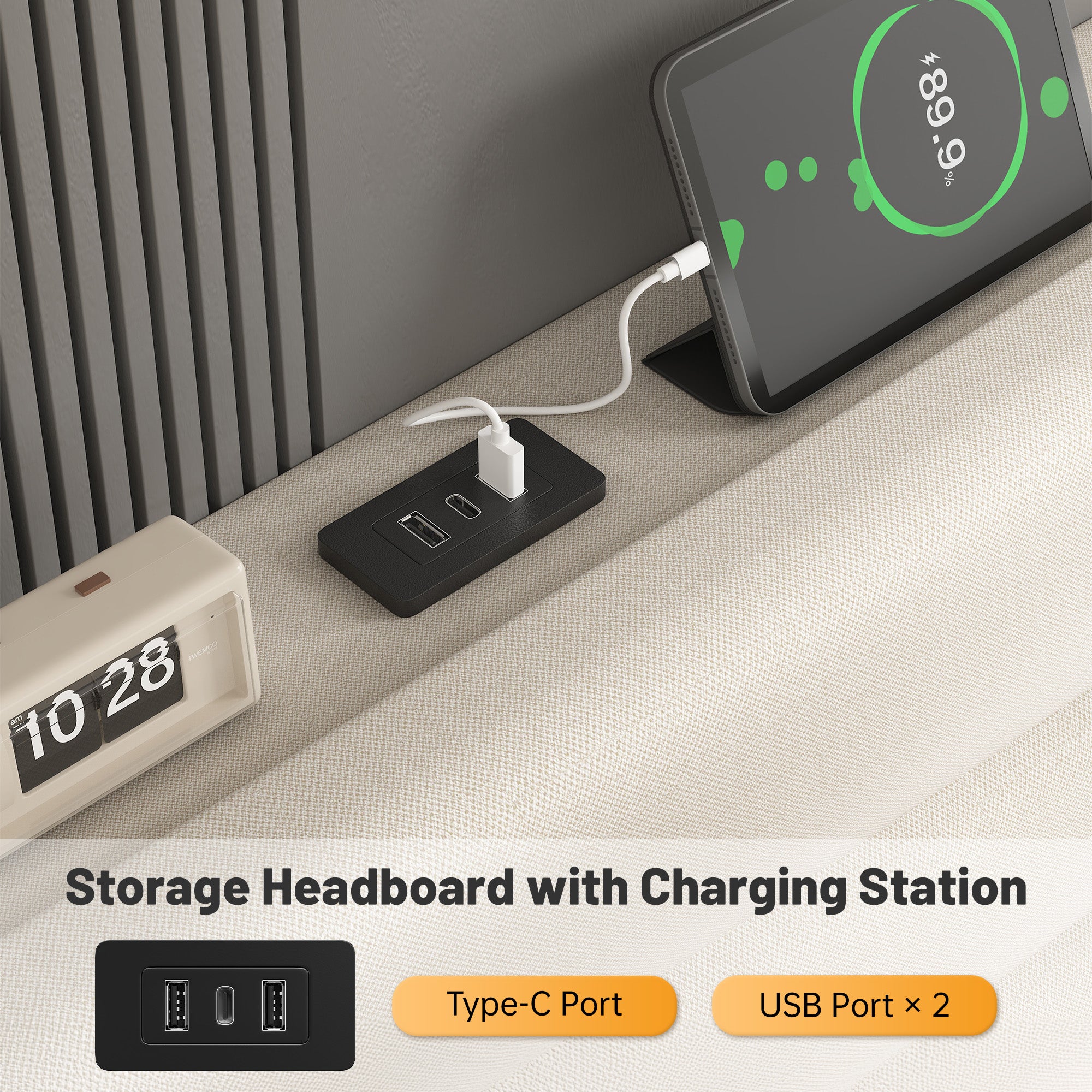 SnHomee Upholstered Bed Frame with Storage Headboard & Charging Station - USB Ports, Adjustable Fabric Headboard, Noise-Free Design, No Box Spring Needed, Back to School Beds On Sale