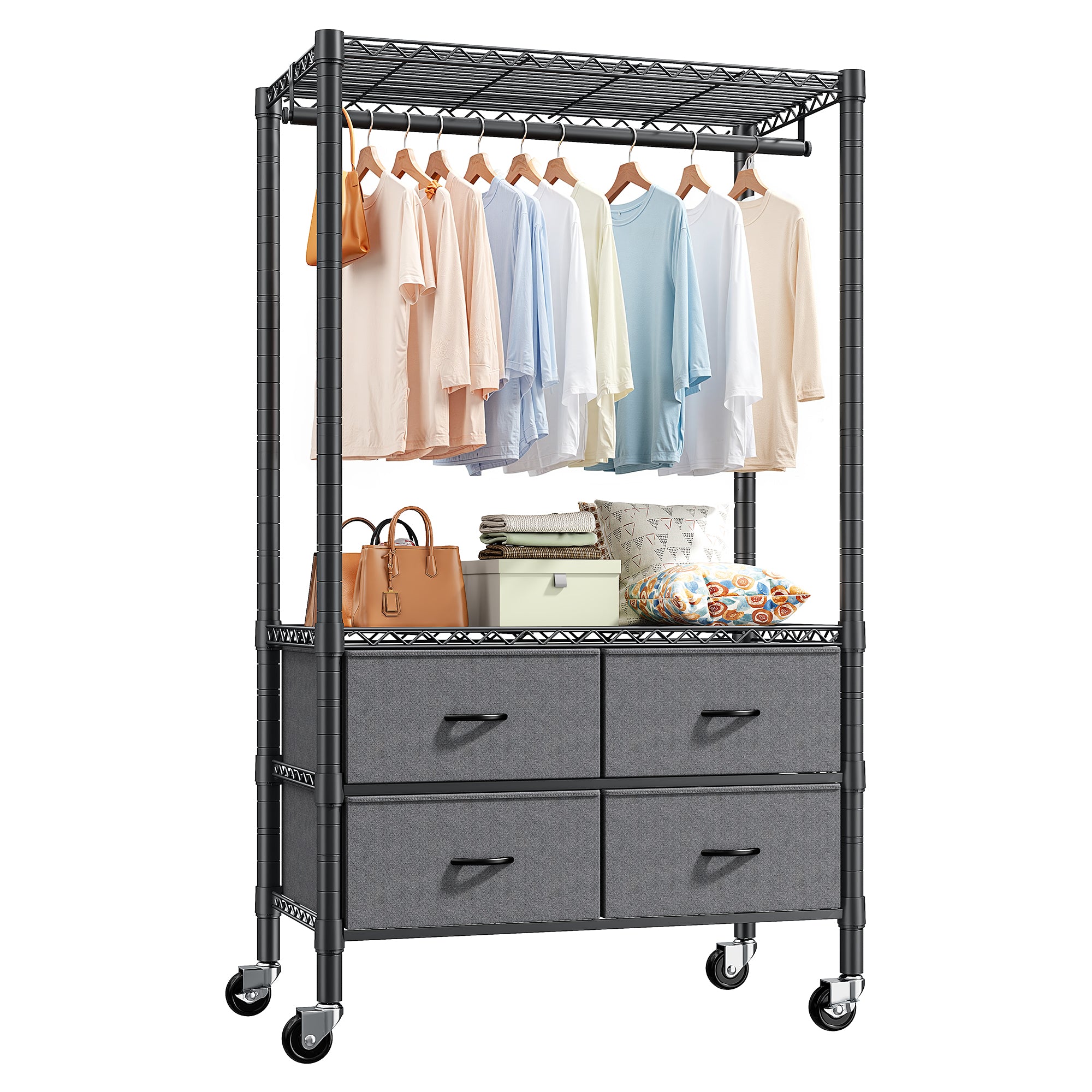 Snhomee Portable Clothes Rack with 4 Drawers Metal Clothing Garment Rack, Freestanding/Rolling-Home Storage > Clothes Rack-Black Rolling Rack-snhomee