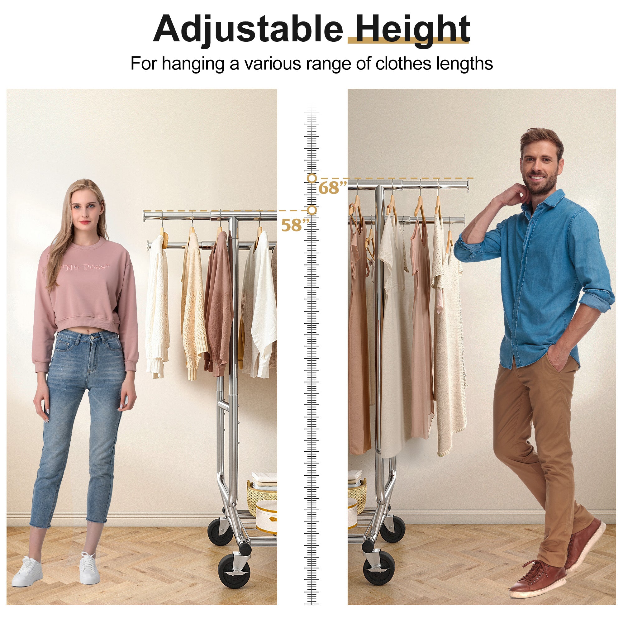 Snhomee Rolling Clothes Rack with Wheels 630LBS Heavy Duty Metal Clothes Rack for Hanging-Home Storage > Clothes Rack-(51"-75”)W x 22"D x (58"-68")H-snhomee