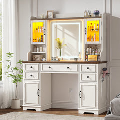 Snhomee Farmhouse Makeup Vanity Desk with LED Mirror & RGB Cabinets – Storaging with Drawers & Shelves, Ideal for Organizing Seasonal Skincare in Bedroom or Dressing Room