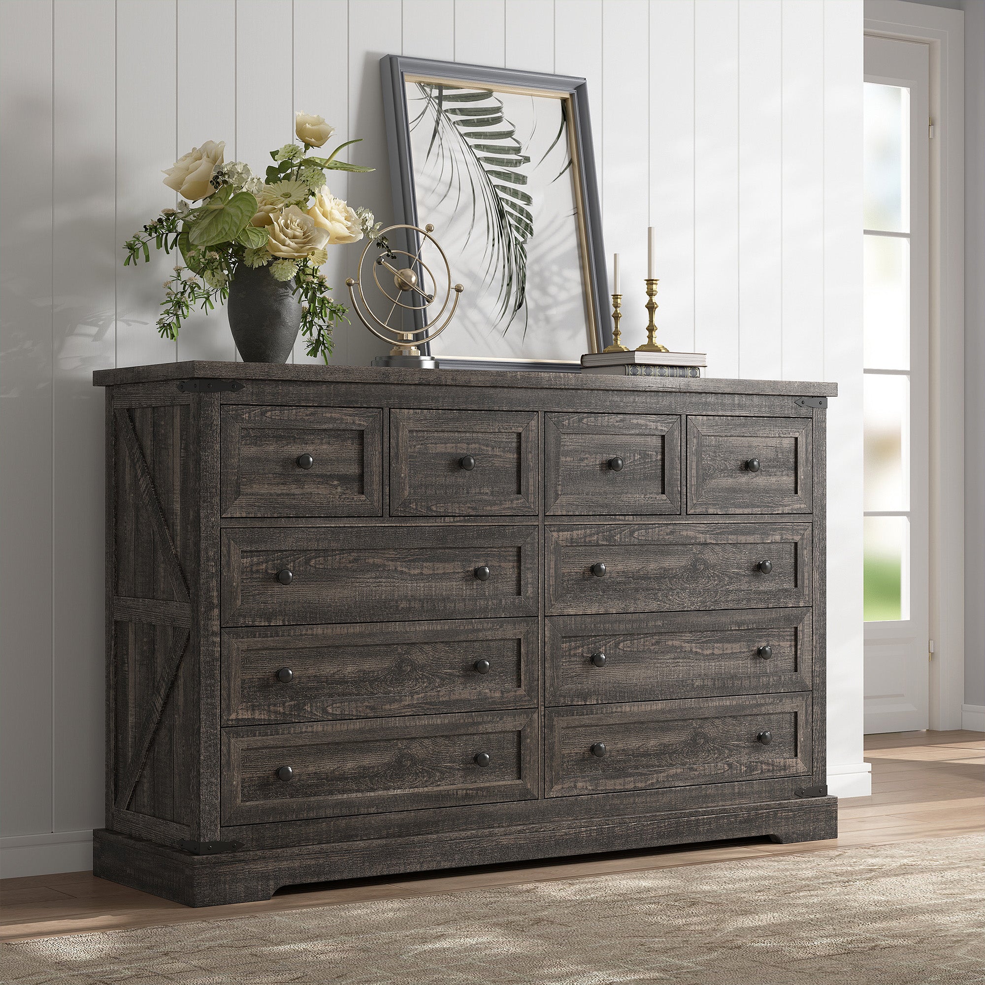 10-Drawer Farmhouse Dresser with Metal Rails - 55" Wide Bedroom Storage & TV Stand, 36"H x 15"D-White-snhomee