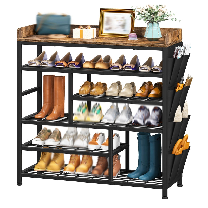 Snhomee  6 Tier Metal Shoe Rack for Entryway, Shoe Storage Organizer Holds 20-24 Pairs, Wooden Top and Side Pocket for Entry, Entrance, Hallway, Dormitory