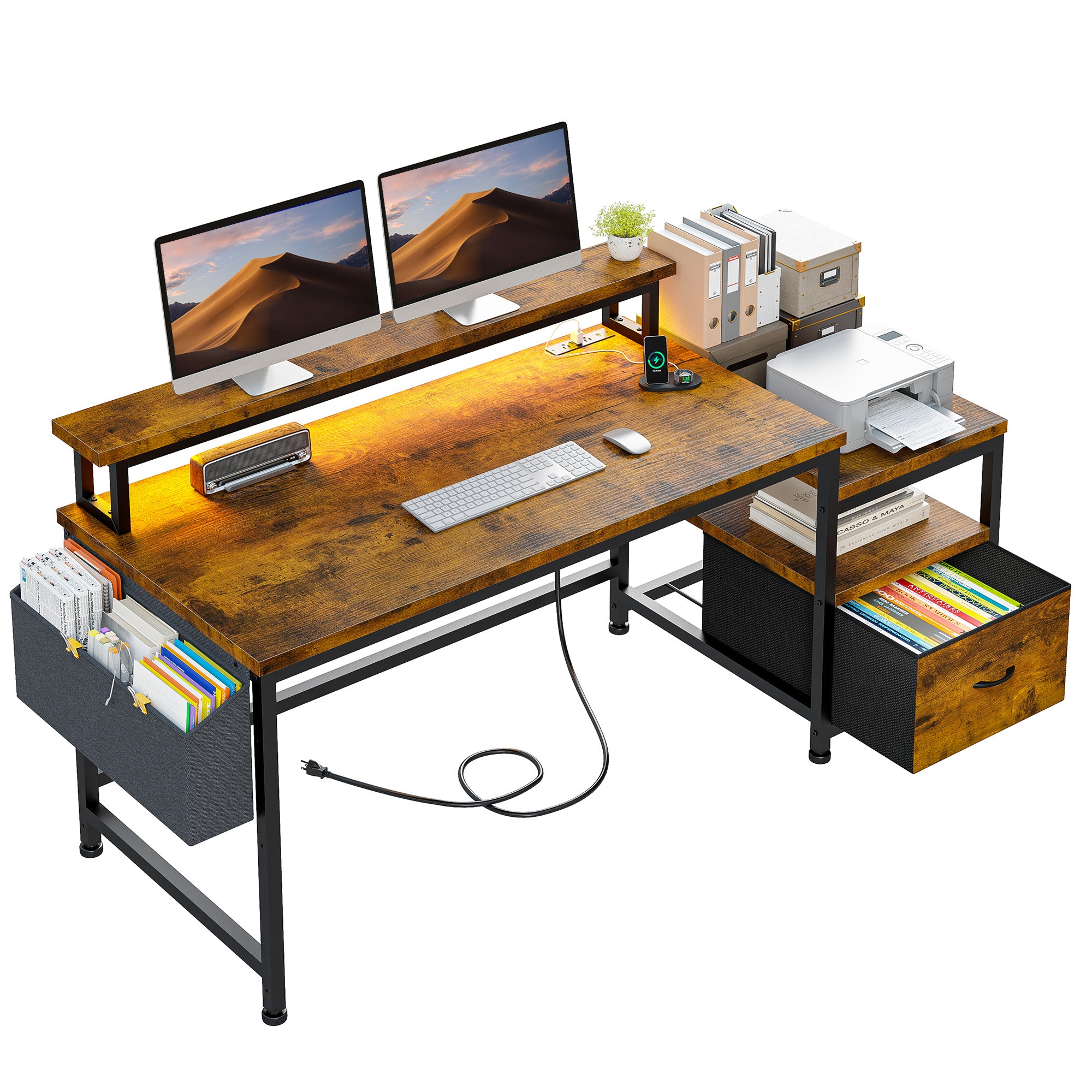 57" Computer Desk with Drawer, Gaming Desk with Moniter Stand, Home Office Desk for Bedroom Dorm