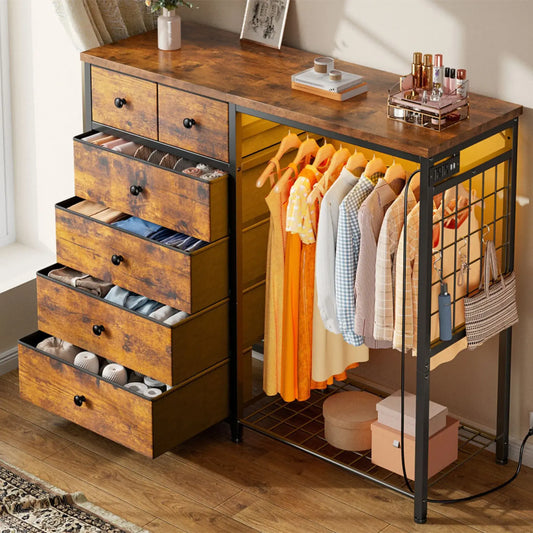 Snhomee 49.2" W Dresser with Hanging Rack & LED Lights - 6-Drawer Storage + Charging Station for Bedroom/Closet/Dorm, Rustic Brown, Space-Saving‌&Dorm Essential‌