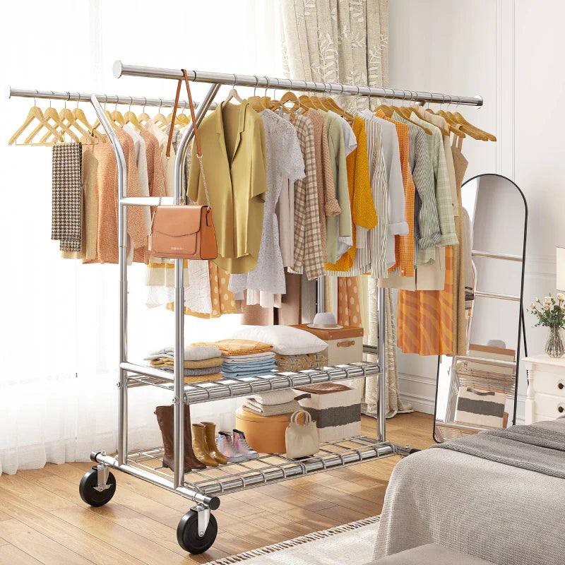 Snhomee 74"W Clothing Rack with Wheels, Heavy-Duty Steel Frame with Shelves, No-Wobble Design, Quick Assembly
