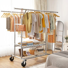 Snhomee 74"W Clothing Rack with Wheels, Heavy-Duty Steel Frame with Shelves, No-Wobble Design, Quick Assembly