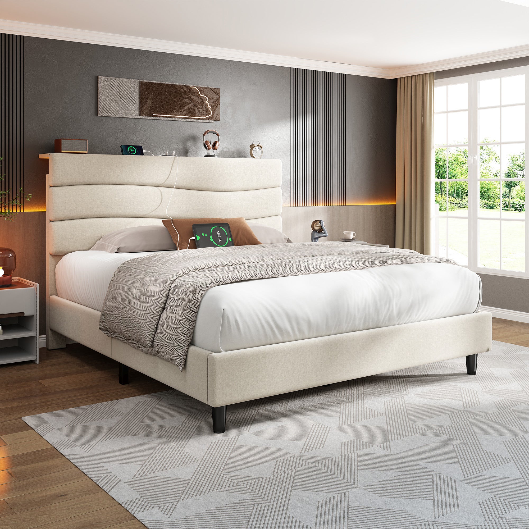 SnHomee Upholstered Bed Frame with Storage Headboard & Charging Station - USB Ports, Adjustable Fabric Headboard, Noise-Free Design, No Box Spring Needed, Back to School Beds On Sale