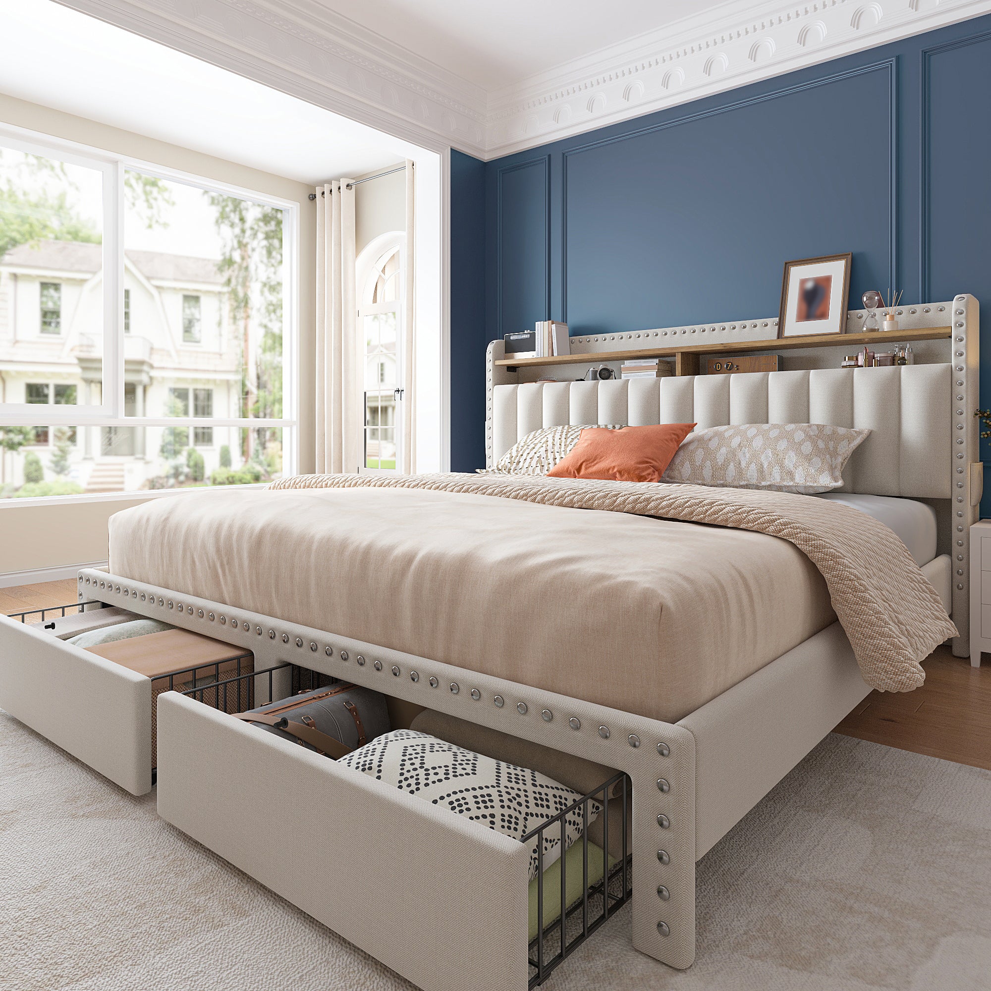Metal Bed Frame with 2 Storage Drawers & Headboard - 900LBS Capacity, No Noise Design, Padded Platform, No Box Spring Needed, Back to School Beds On Sale