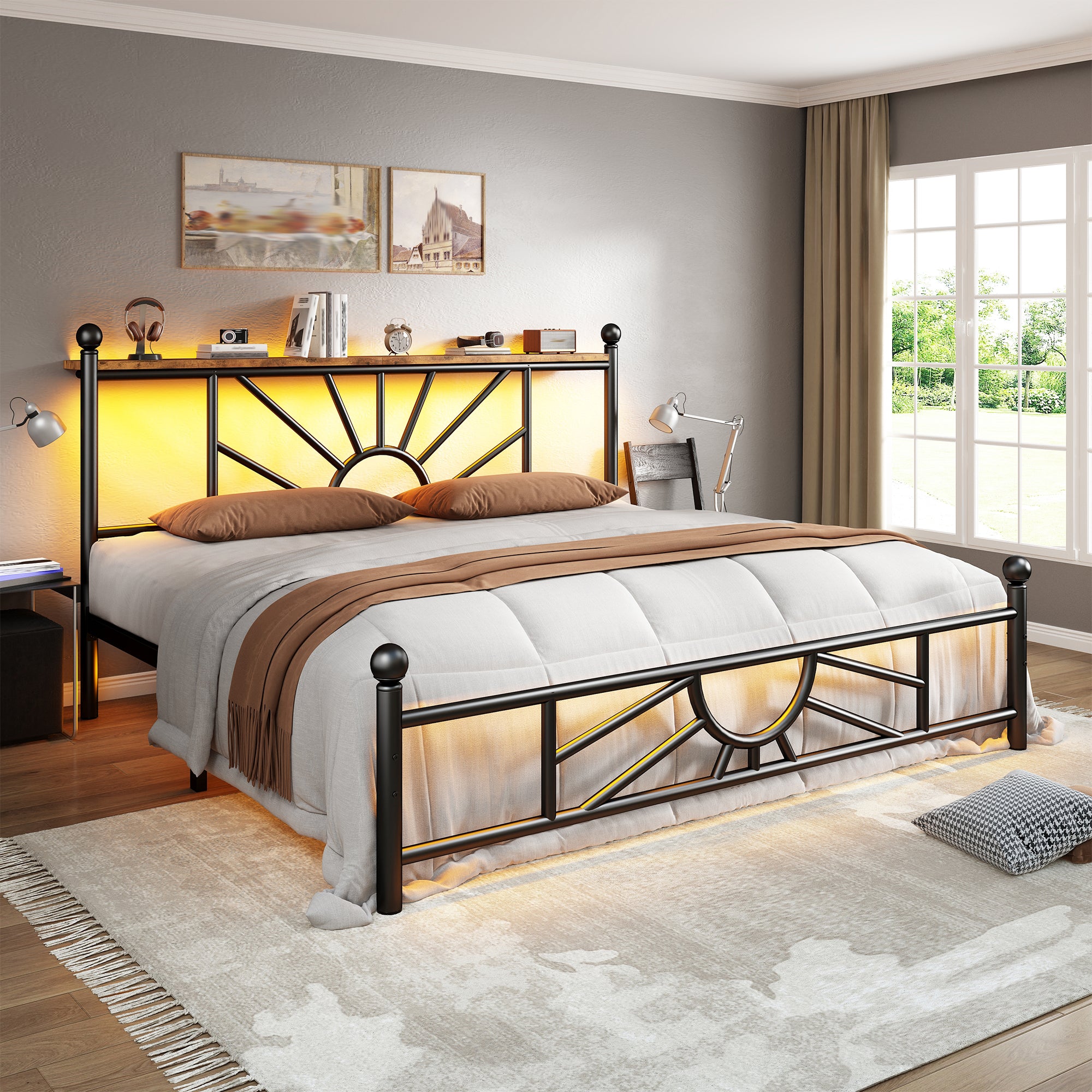 Snhomee Metal Bed Frame with LED Lights Under Headboard&Footboard - 1300LBS Capacity, Underbed Storage, No Box Spring Needed, Noise-Free Design, Back to School Beds Best Choice