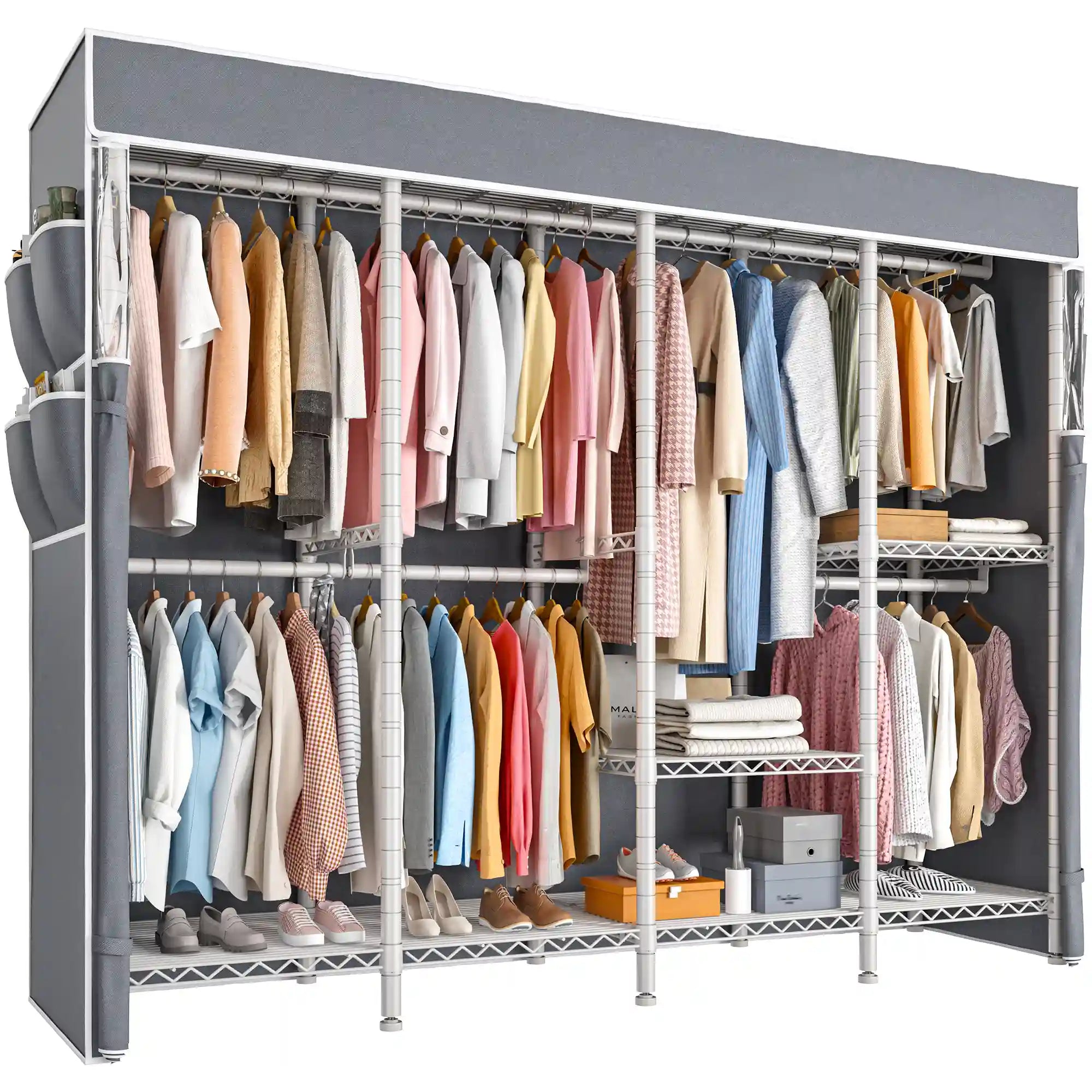 76"W Heavy Duty Clothes Rack with Cover,1150LBS Wardrobe Closet,Adjustable Portable Closet for Bedroom