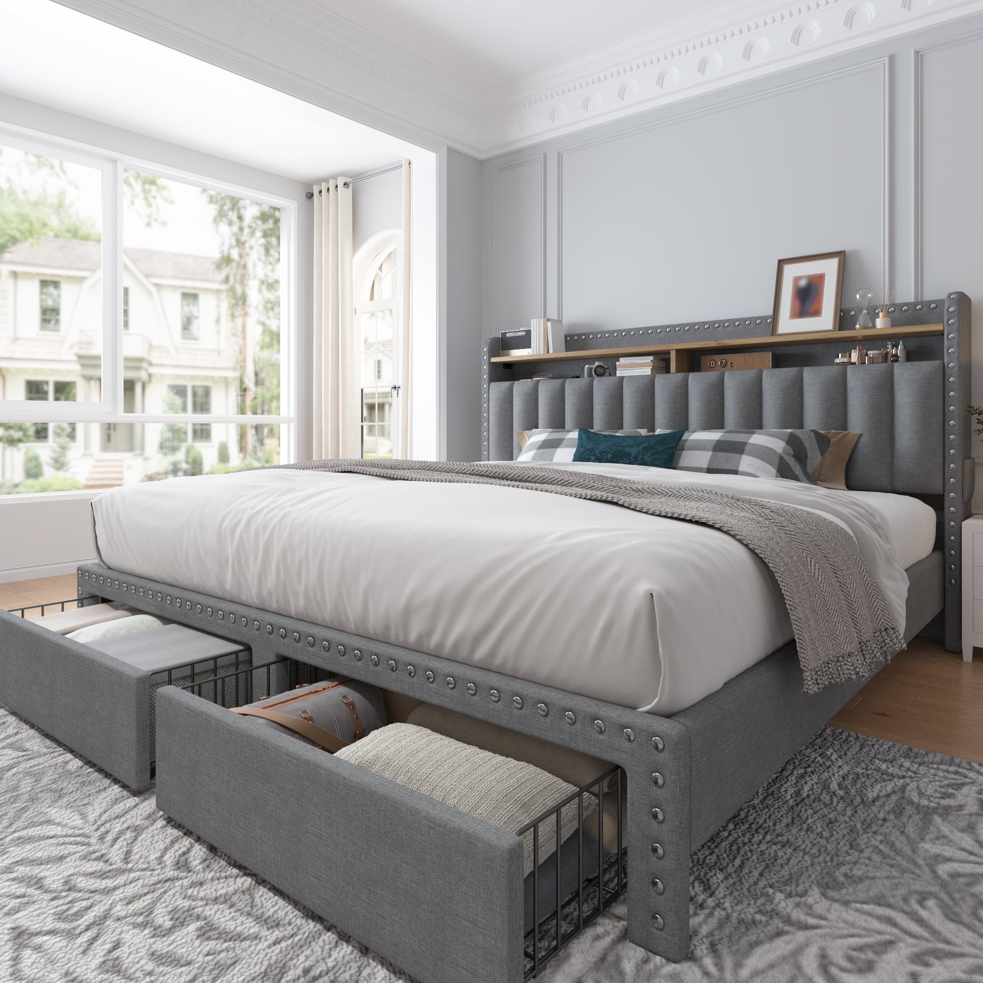 Metal Bed Frame with 2 Storage Drawers & Headboard - 900LBS Capacity, No Noise Design, Padded Platform, No Box Spring Needed, Back to School Beds On Sale