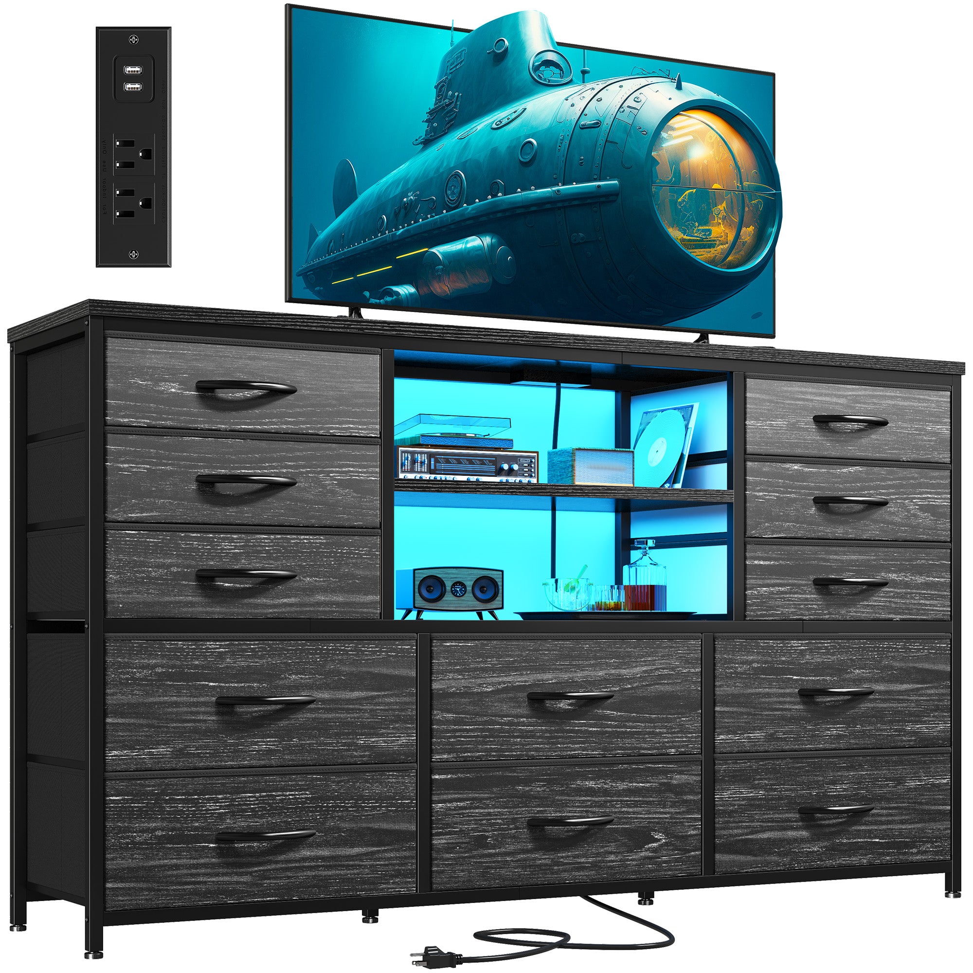 Snhomee 12-Drawer LED Dresser with USB Outlets - 60'' TV Stand for Bedroom & Living Room, Metal Frame Storage Cabinet 49''W x 35''H