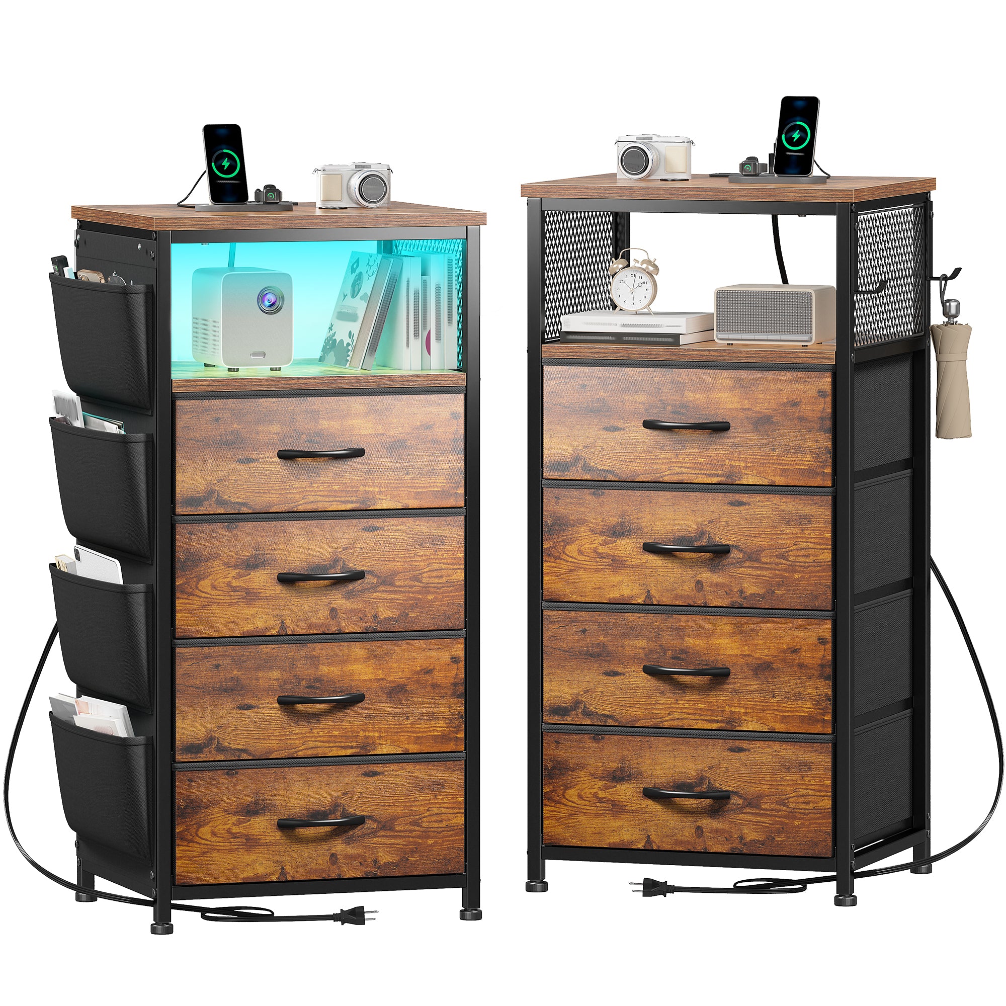 Bedside Table with Charging Station & LED Lights - Nightstand, 4-Drawer Fabric Dresser Organizer with Pockets for Bedroom/Closet/Hallway (Brown)-Brown-2-snhomee