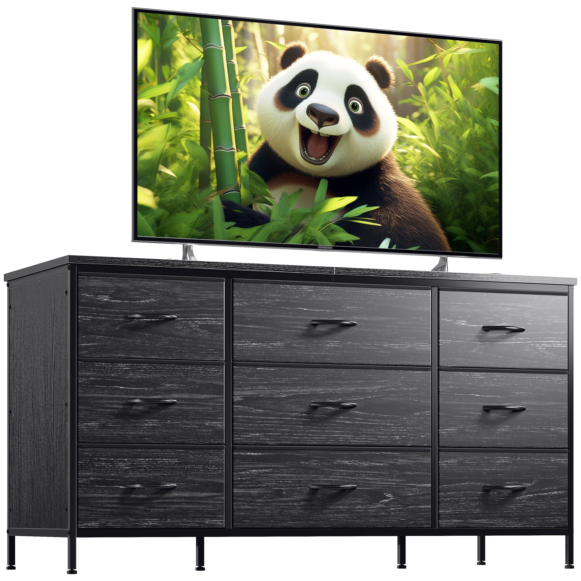 Snhomee Dresser TV Stand with 9 Drawers, Sturdy Metal Frame & Wood Top, Bedroom, Living Room, Hallway, Dorm room essentials, Back to school TV Stand Drawers