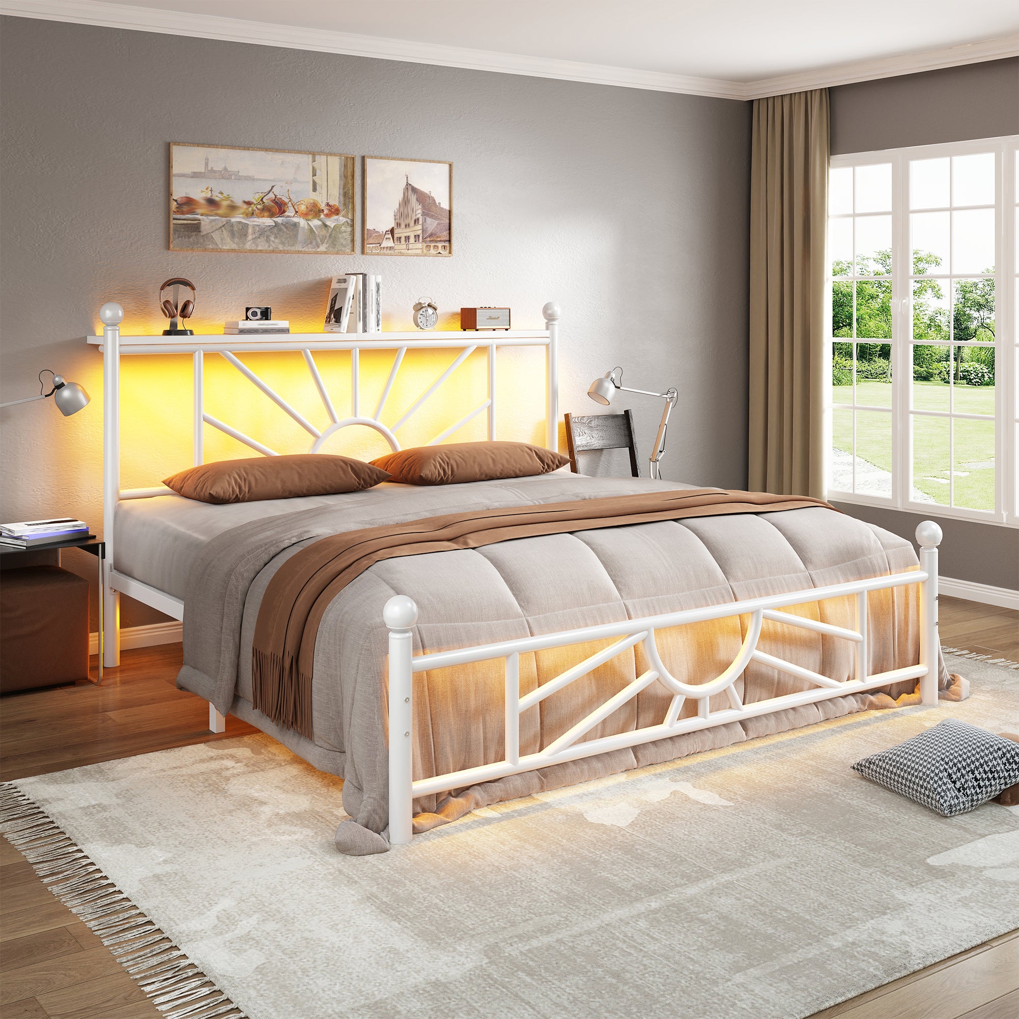 Snhomee Metal Bed Frame with LED Lights Under Headboard&Footboard - 1300LBS Capacity, Underbed Storage, No Box Spring Needed, Noise-Free Design, Back to School Beds Best Choice