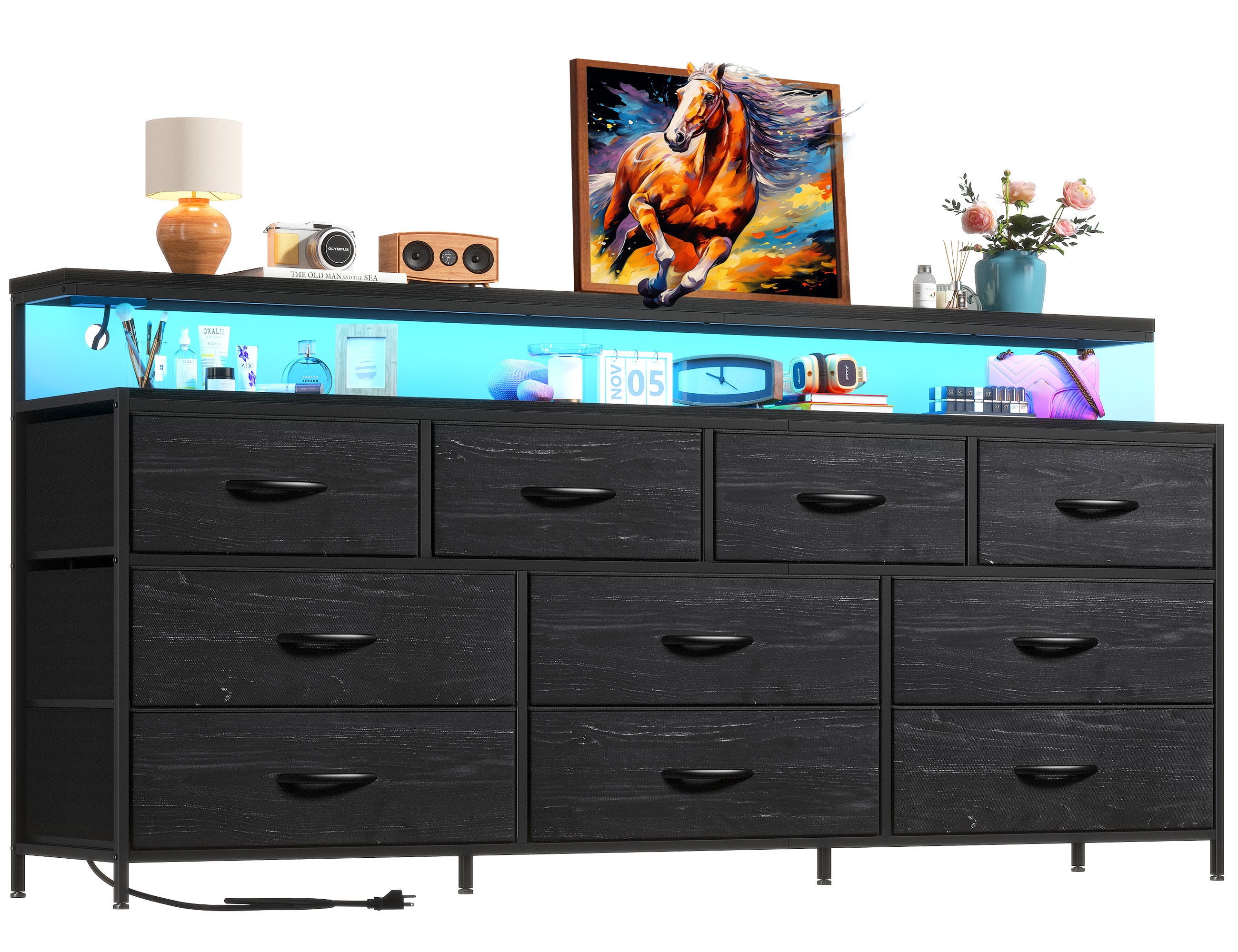 55" Wide LED Dresser with Power Outlets & 10 Drawers | Large Metal Frame & Wood Top Storage Organizer for Bedroom-Charcoal Black-snhomee