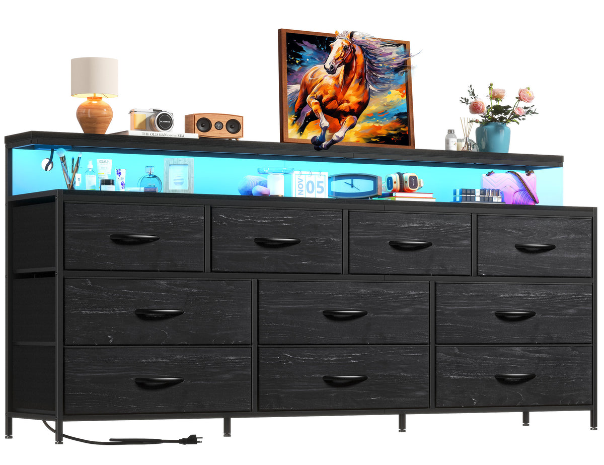 55" Wide LED Dresser with Power Outlets & 10 Drawers | Large Metal Frame & Wood Top Storage Organizer for Bedroom-Charcoal Black-snhomee
