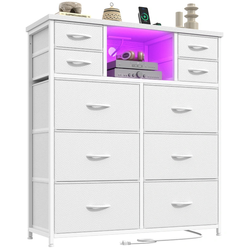 Snhomee 10 Fabric Drawers Bedroom Dresser with LED Lighting and Built-in Charging Station for Closet, Hallway or Bedroom