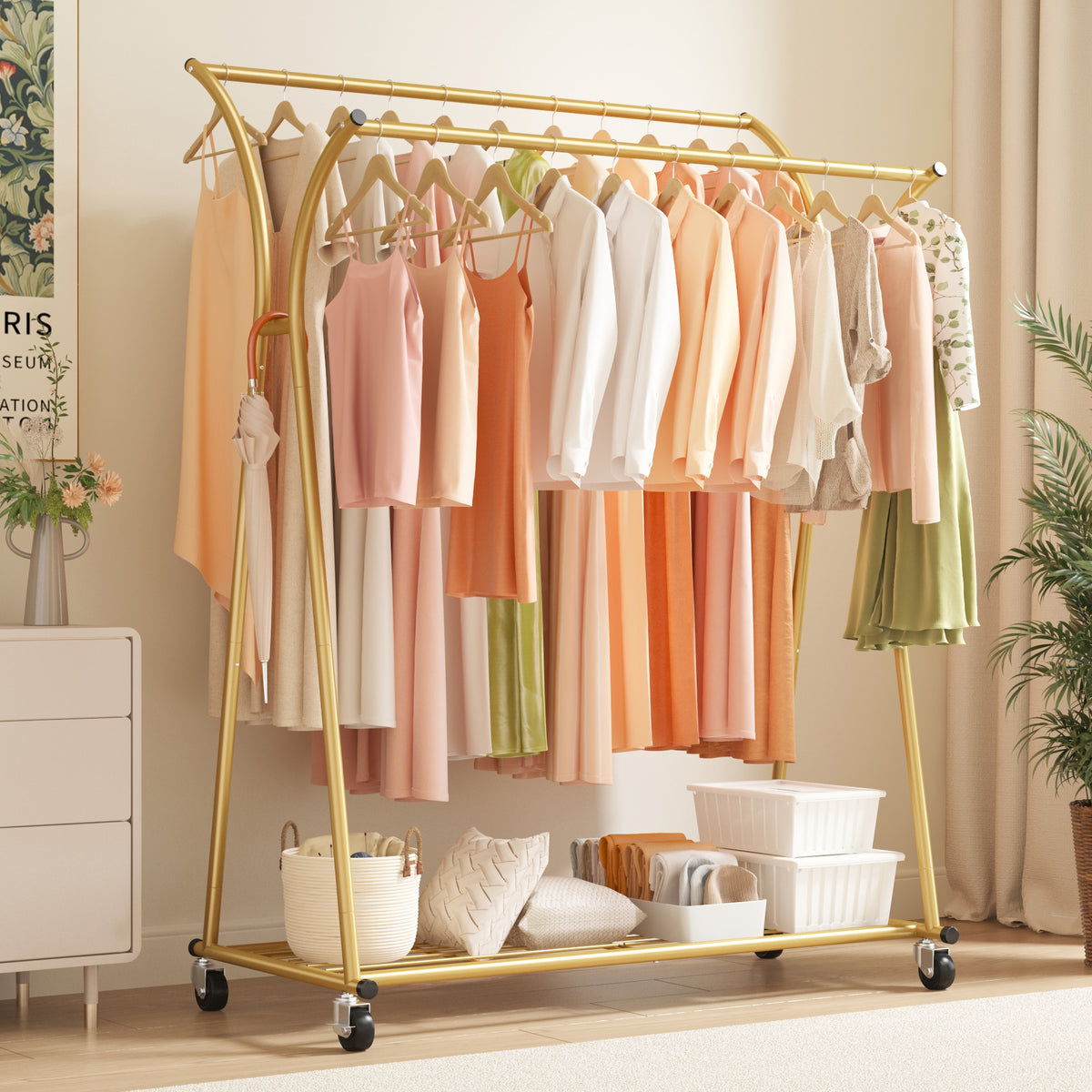Double-Rod Clothing Rack with Wheels, Rust-Resistant Clothes Rack with Bottom Shelf & Curved Supports for Long Coats