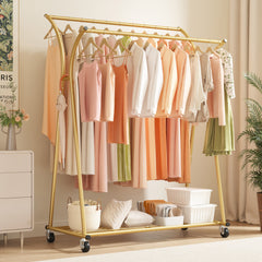 Double-Rod Clothing Rack with Wheels, Rust-Resistant Clothes Rack with Bottom Shelf & Curved Supports for Long Coats