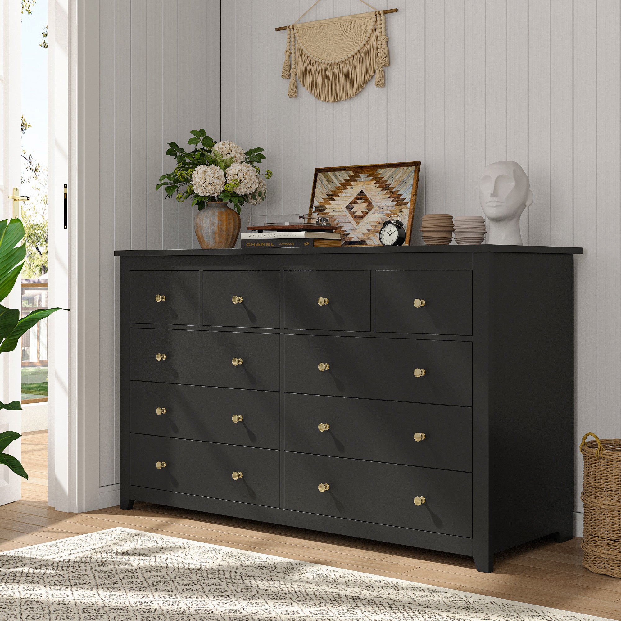 10 Drawers White Dresser 52" Wide Bedroom TV Stand Dresser for Hallway-Furniture > Dresser-Black-snhomee