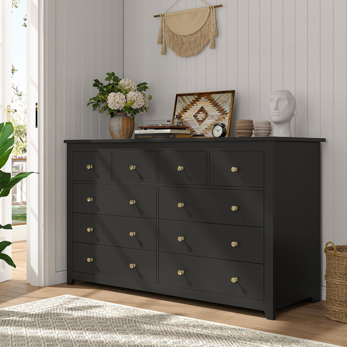 10 Drawers White Dresser 52" Wide Bedroom TV Stand Dresser for Hallway-Furniture > Dresser-Black-snhomee