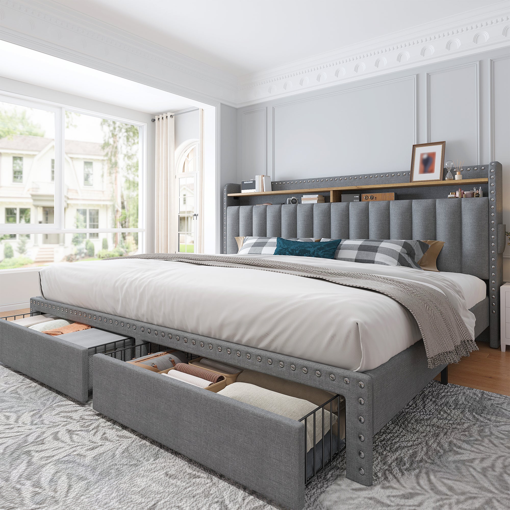 Metal Bed Frame with 2 Storage Drawers & Headboard - 900LBS Capacity, No Noise Design, Padded Platform, No Box Spring Needed, Back to School Beds On Sale