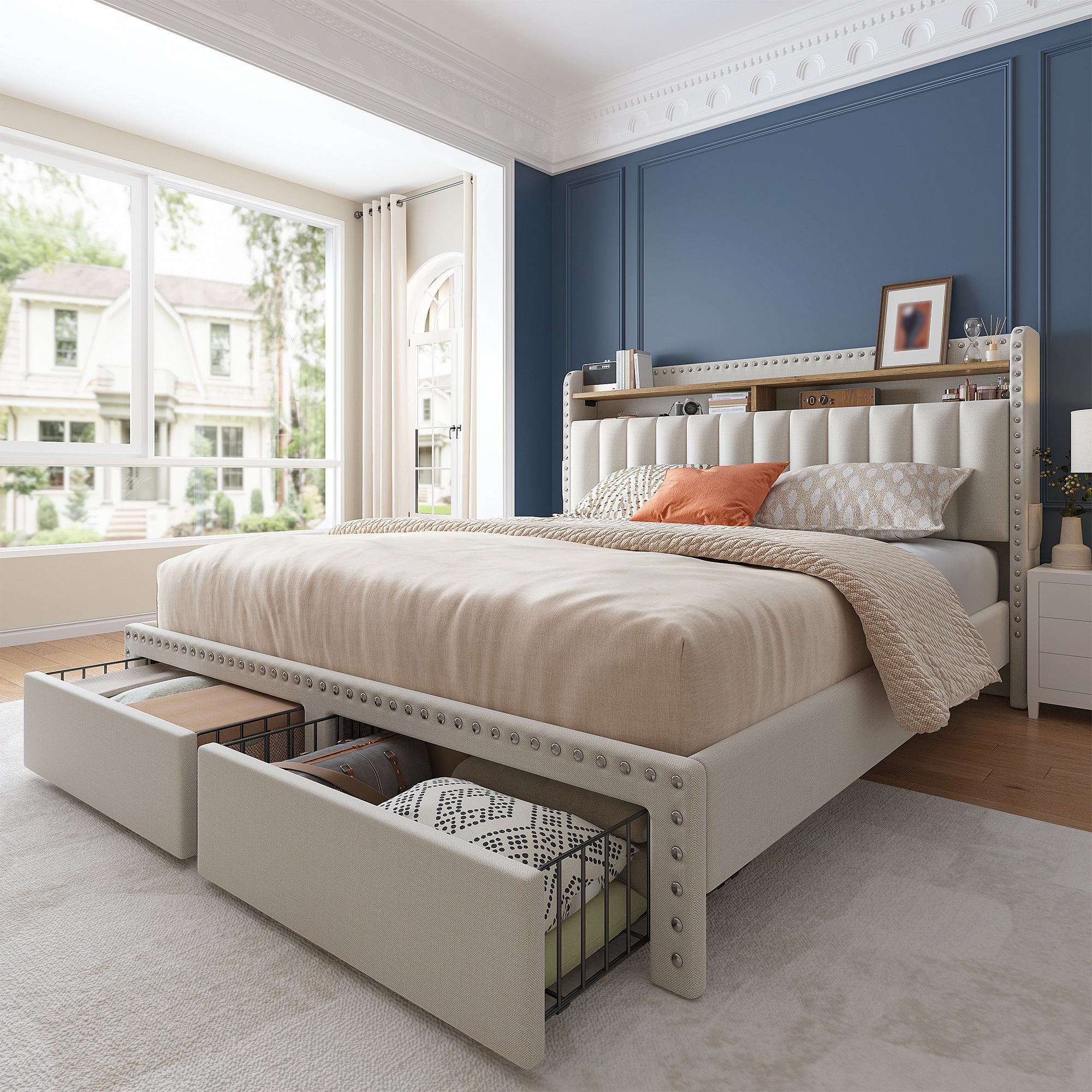Metal Bed Frame with 2 Storage Drawers & Headboard - 900LBS Capacity, No Noise Design, Padded Platform, No Box Spring Needed, Back to School Beds On Sale