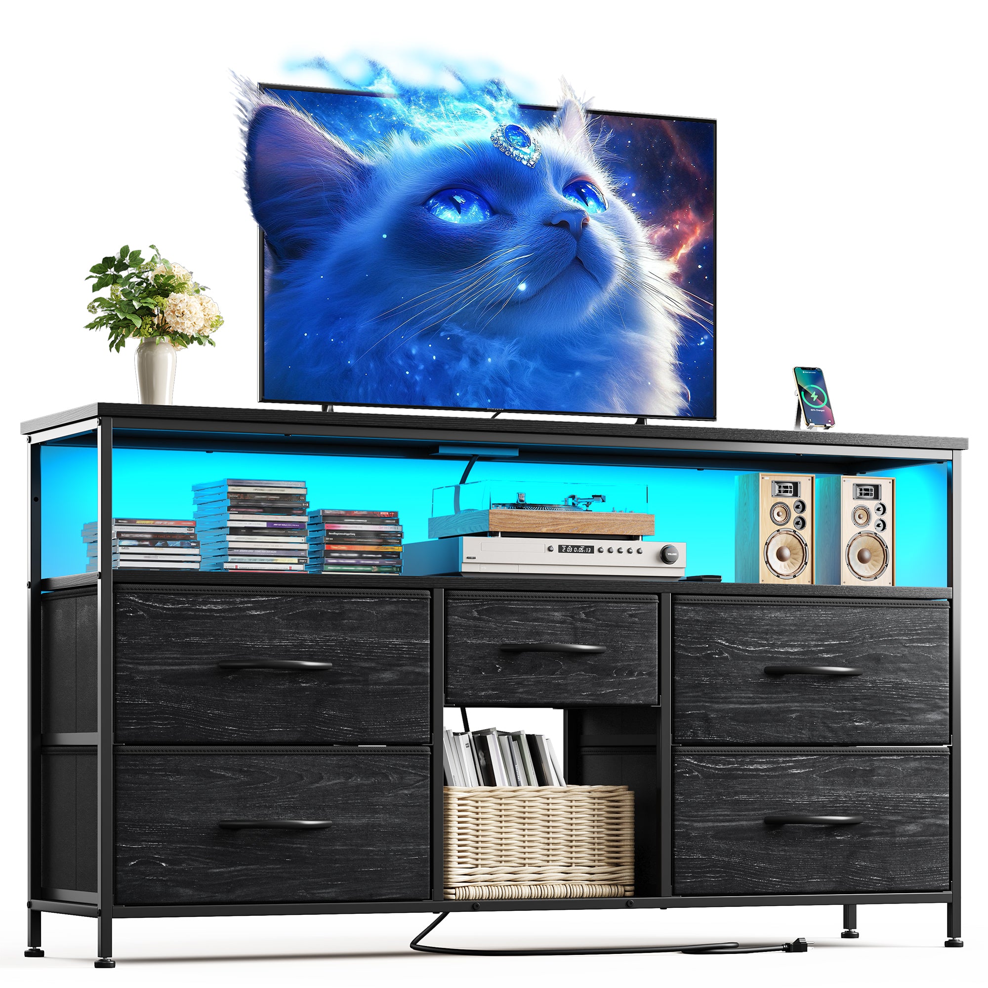 50" LED TV Stand with 5 Drawers & Outlets | Metal Dresser for Bedroom/Living Room-Black-snhomee