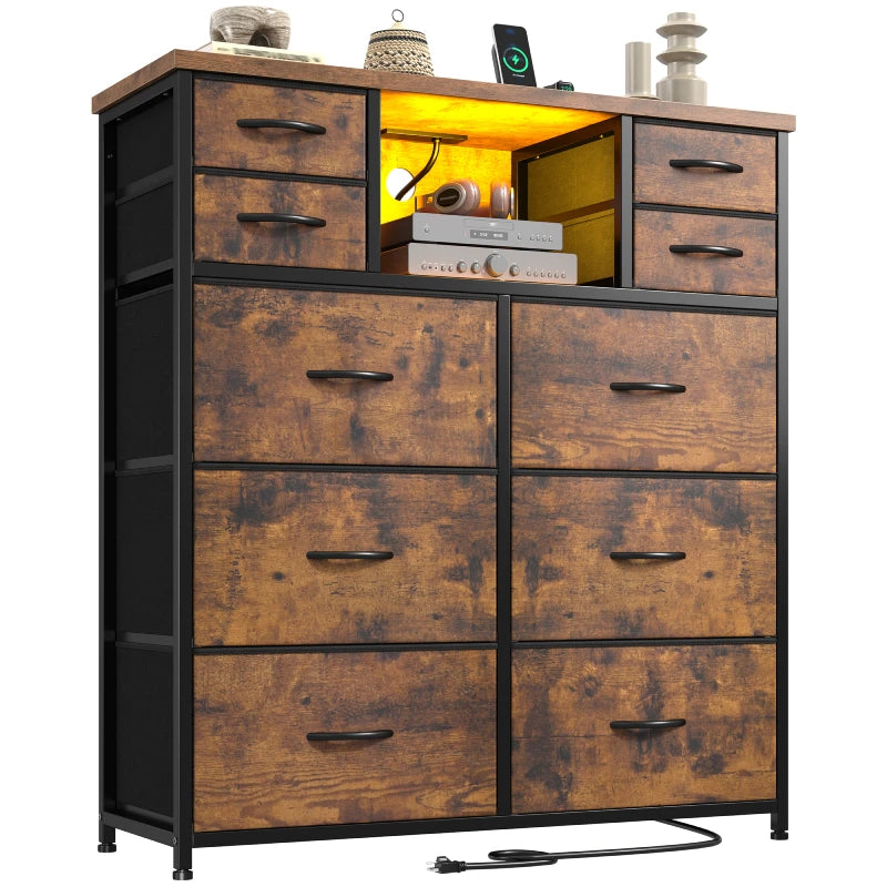 Snhomee 10 Fabric Drawers Bedroom Dresser with LED Lighting and Built-in Charging Station for Closet, Hallway or Bedroom