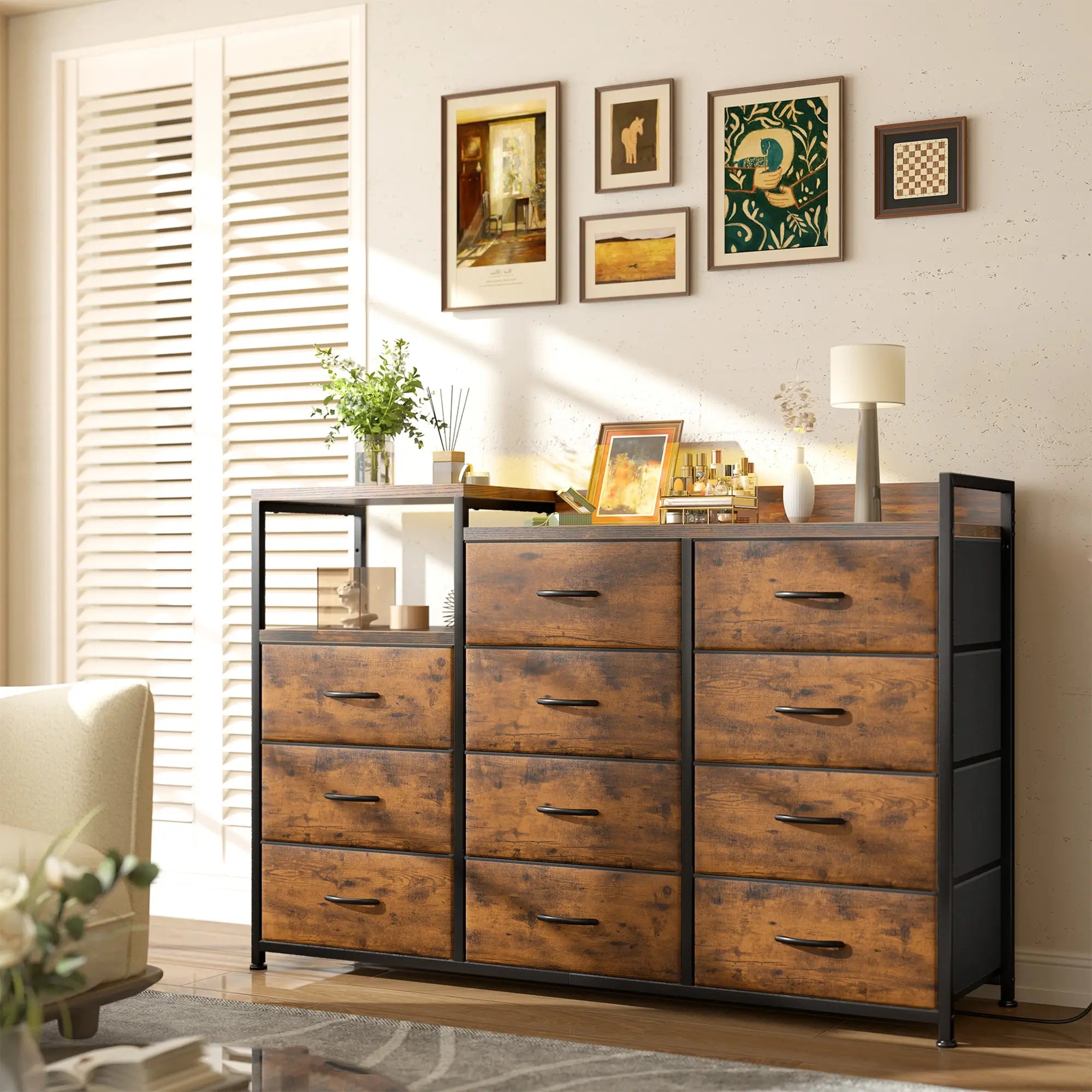 cabinet dresser Snhomee 11-Drawer Dresser with Shelves – Wide Bedroom Storage Cabinet & TV Stand with Wood Top and Metal Frame Grey