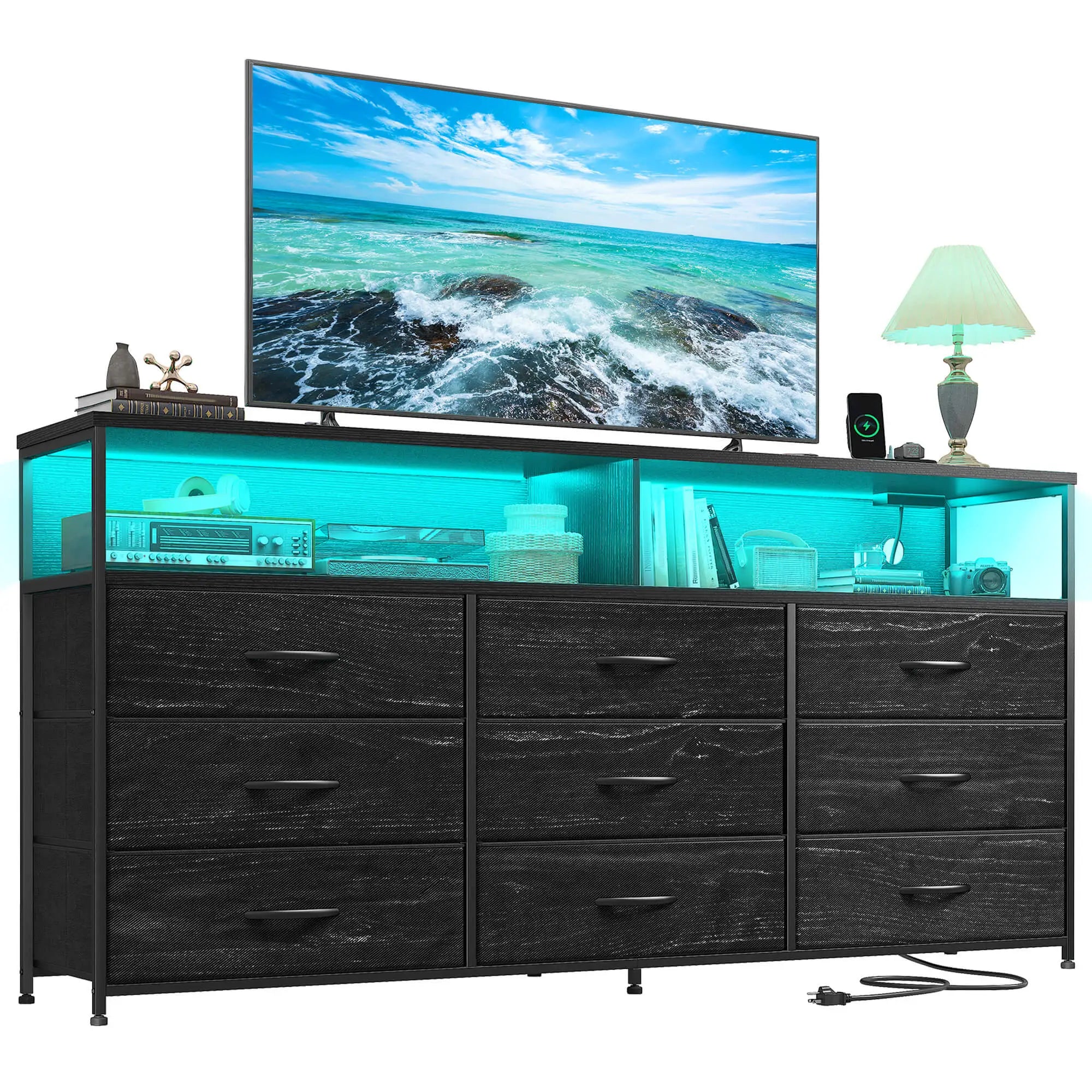 Snhomee Dresser TV Stand with 9 Drawers & Charging Station– 55" Wide Media Console LED lights & Wood Shelves for Bedroom, Living Room, or Dorm