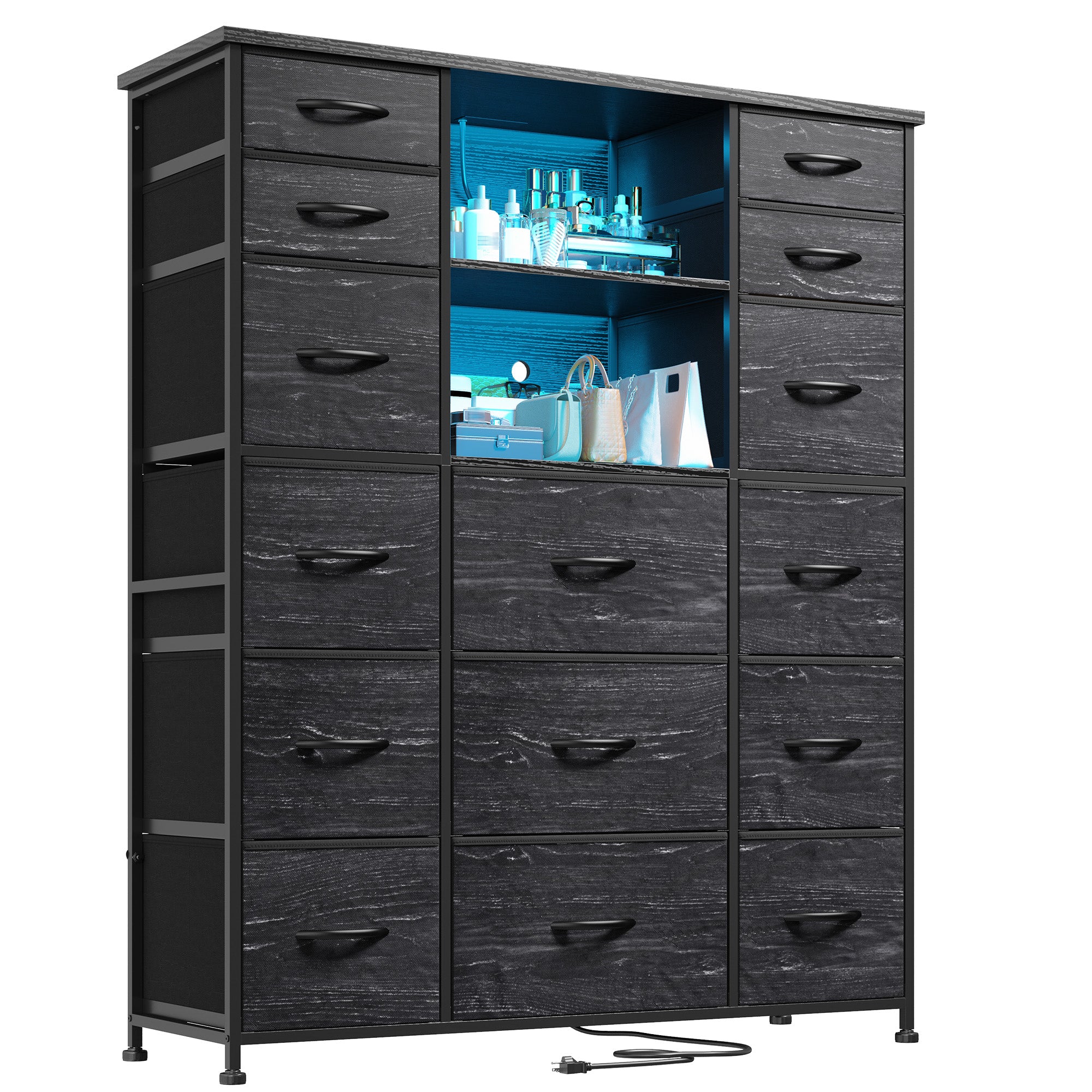 51" Tall Dresser with 15 Drawers & Charging Station | LED Lighting & Built-in Hutch | Steel Frame & Wood Top Bedroom Storage-Black-snhomee