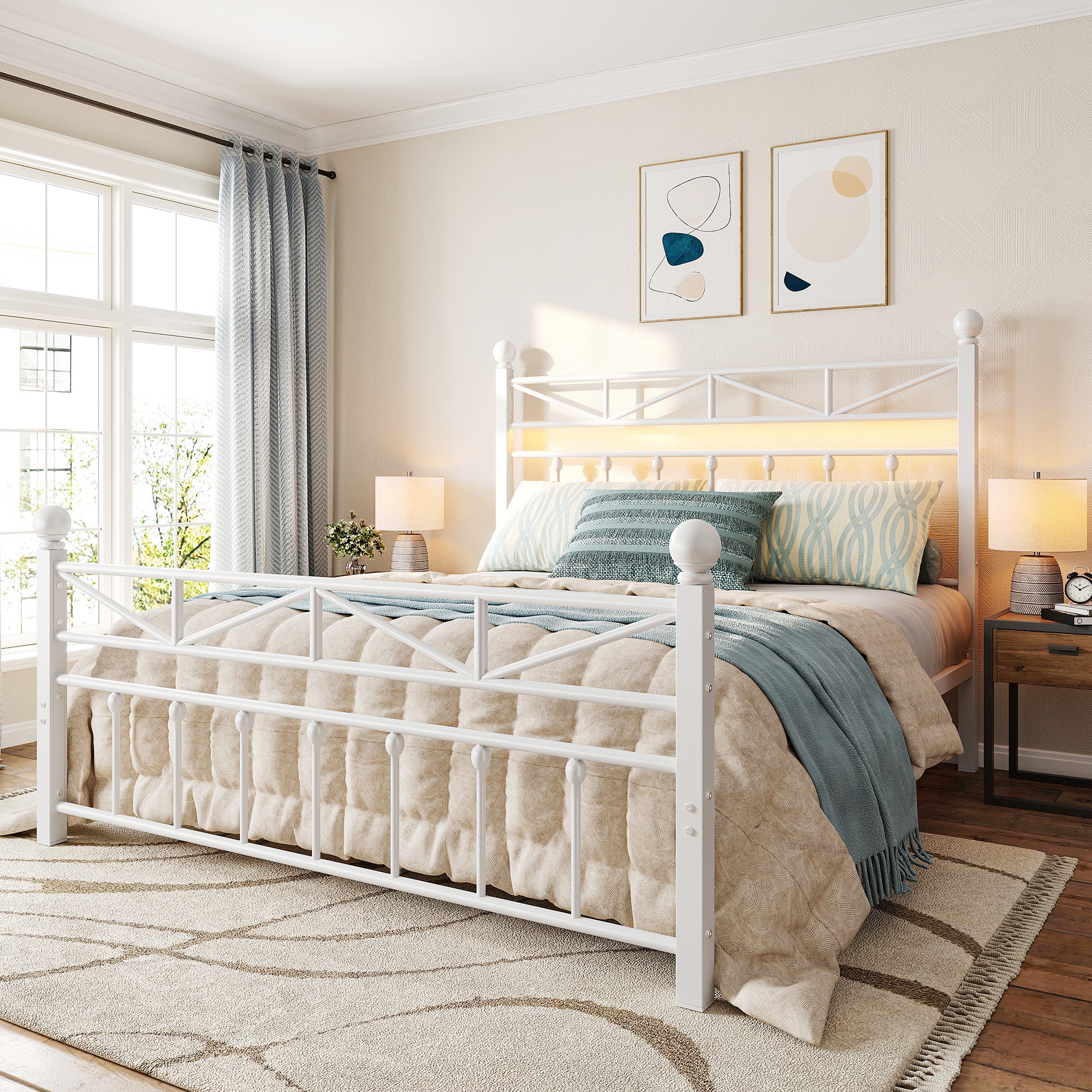 LED Metal Bed Frame with Tall Headboard & Footboard, Vintage Industrial Bed, Under Bed Storage & No Box Spring Needed, Noise-Free Design for Modern & Farmhouse Bedrooms