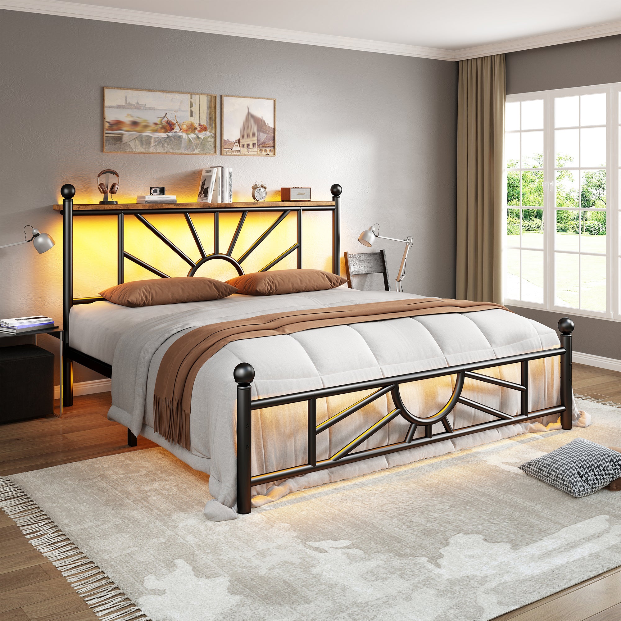 Snhomee Metal Bed Frame with LED Lights Under Headboard&Footboard - 1300LBS Capacity, Underbed Storage, No Box Spring Needed, Noise-Free Design, Back to School Beds Best Choice