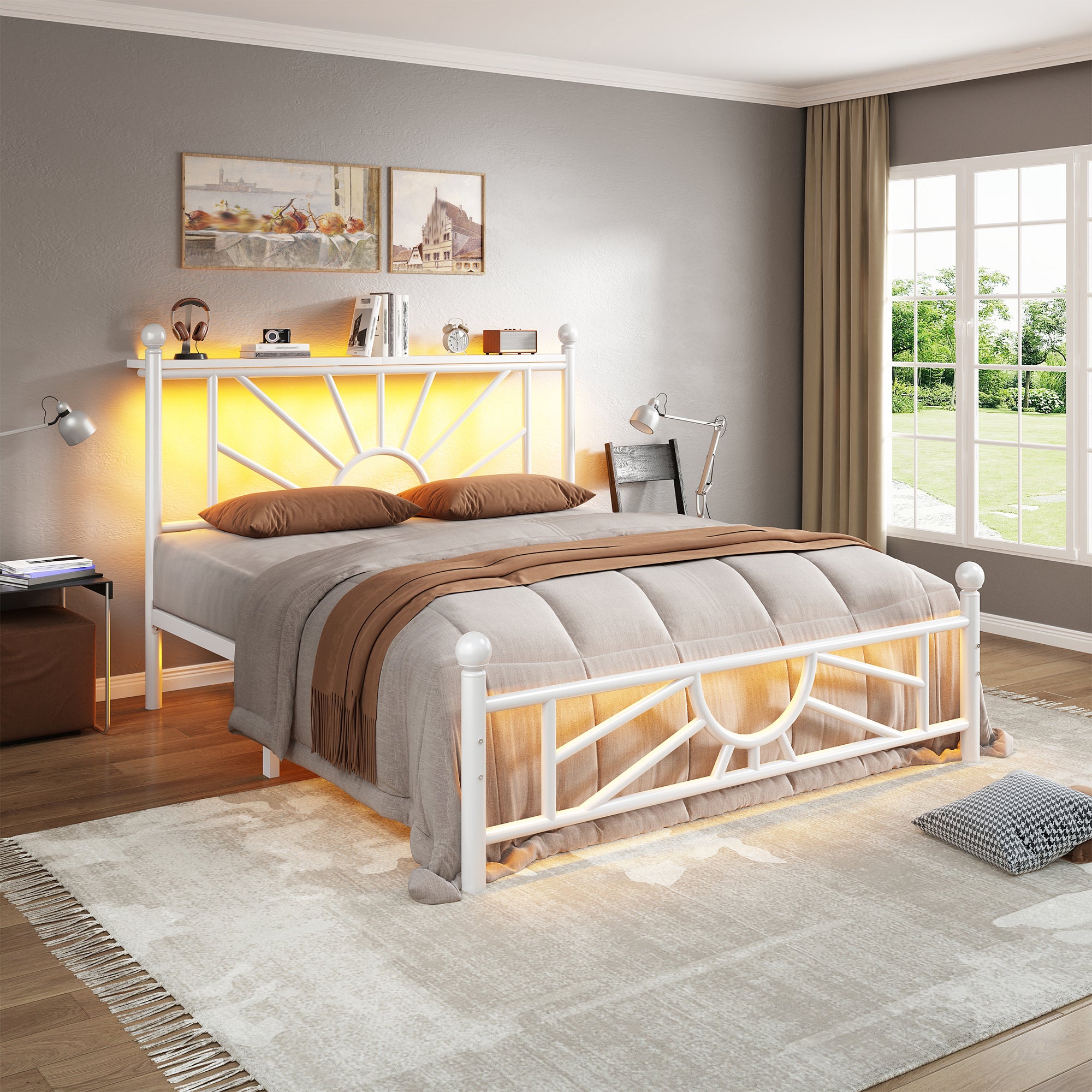 Snhomee Metal Bed Frame with LED Lights Under Headboard&Footboard - 1300LBS Capacity, Underbed Storage, No Box Spring Needed, Noise-Free Design, Back to School Beds Best Choice