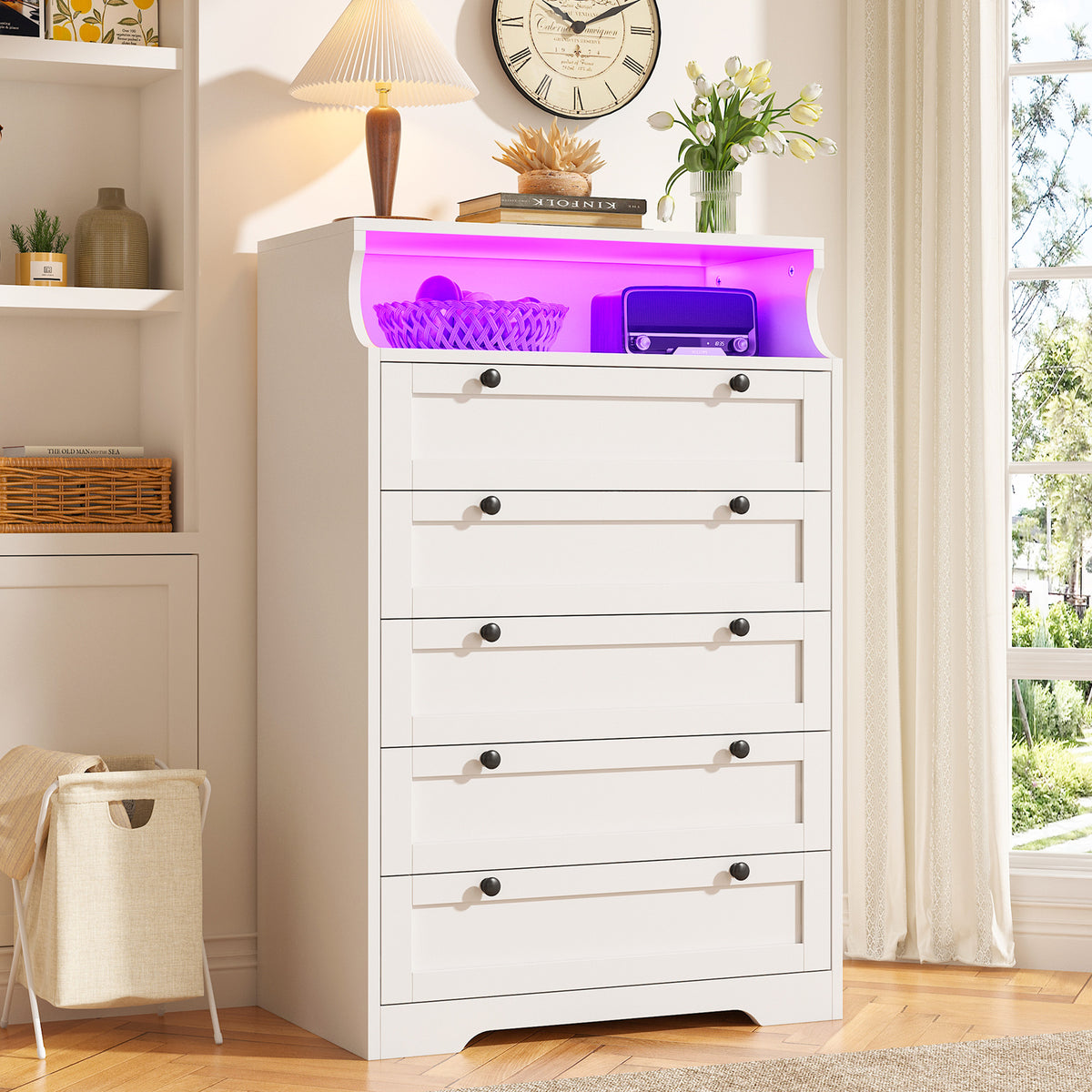48"H 5-Drawer Wood Dresser and Chest with LED Lights for Bedroom
