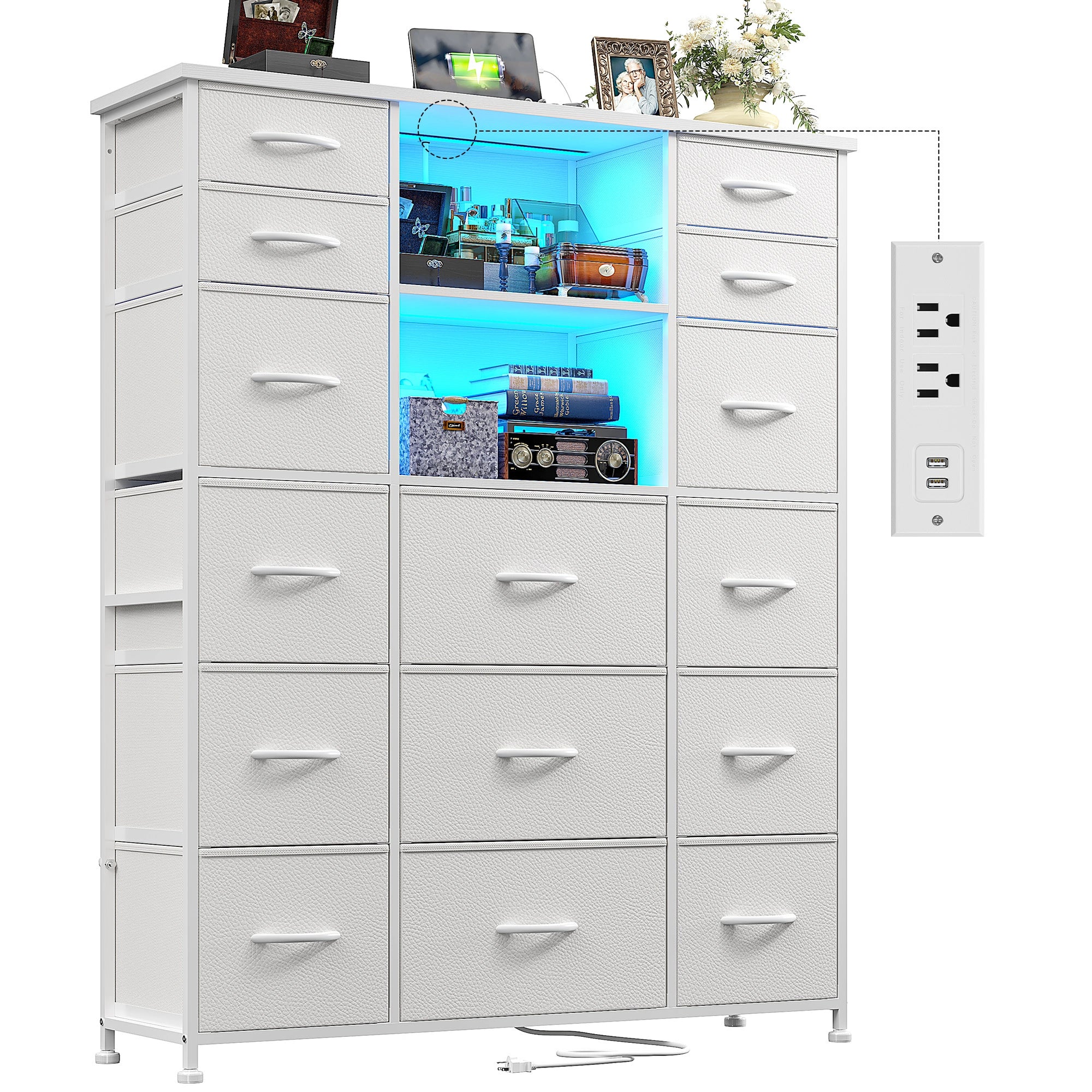 15-Drawer Smart Dresser with Charging Station & LED Lights - 51" Tall Fabric Storage Organizer, Steel Frame, Wood Shelves | No Assembly Hassle, Anti-Tip Safety, for Bedroom, Closet, Hallway
