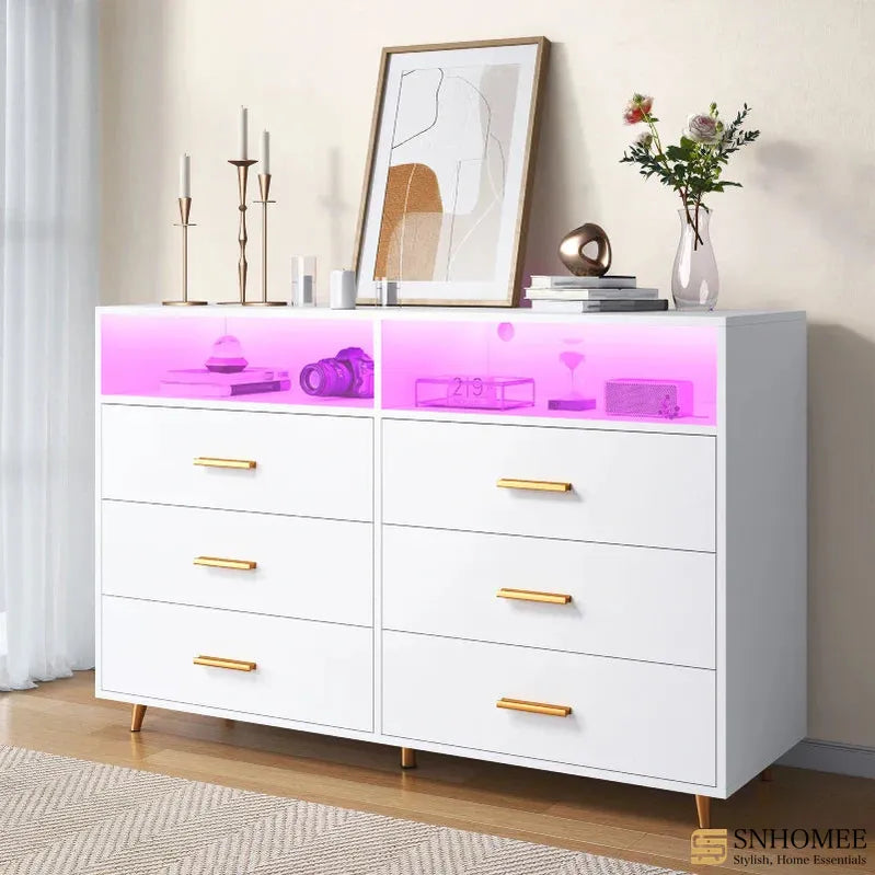 47"W Double Black Wooden Dresser with 6 Drawers & LED lights for Bedroom