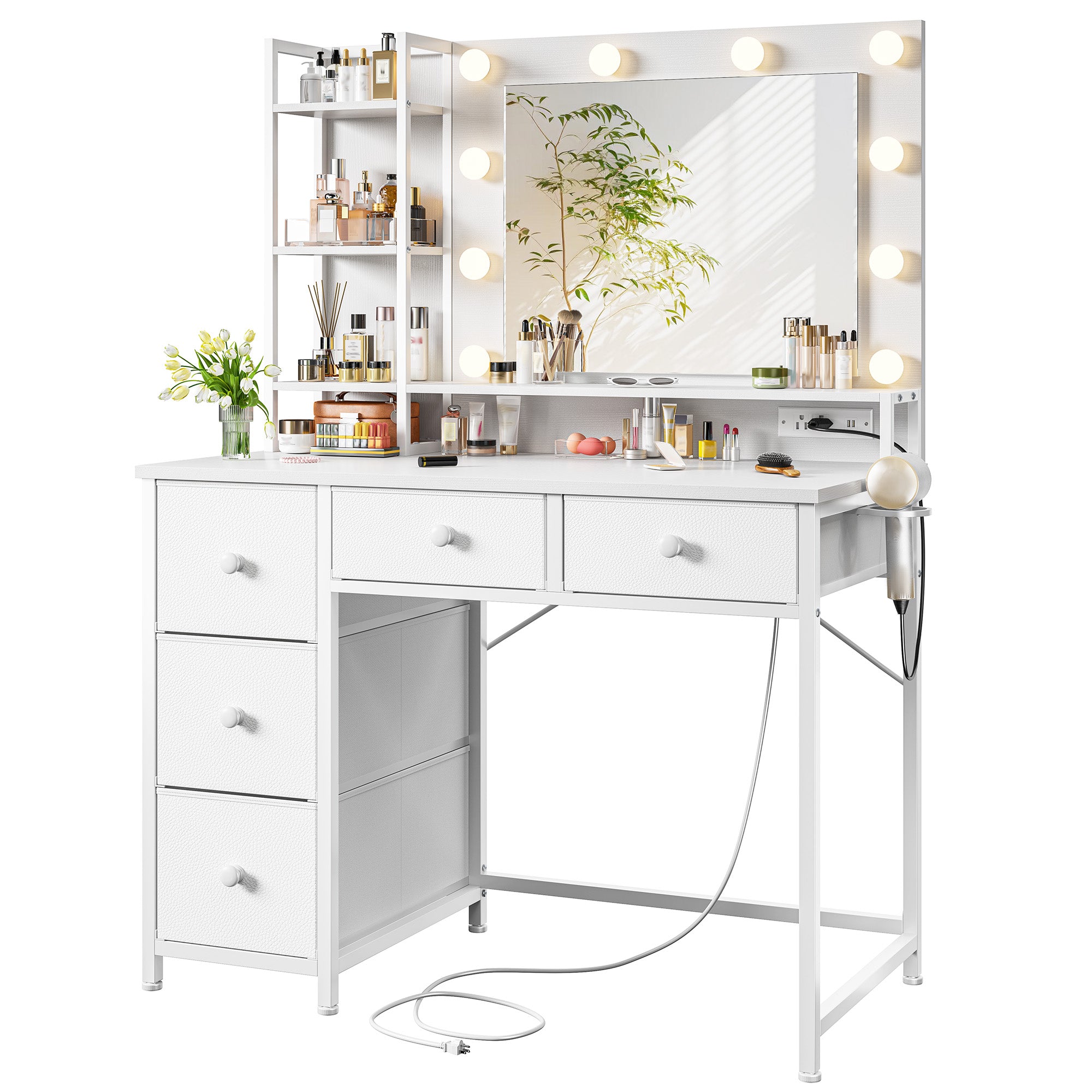 LED Vanity Desk with Mirror, 5 Drawers & Power Outlet - 3 Light Modes, Adjustable Brightness Dressing Table