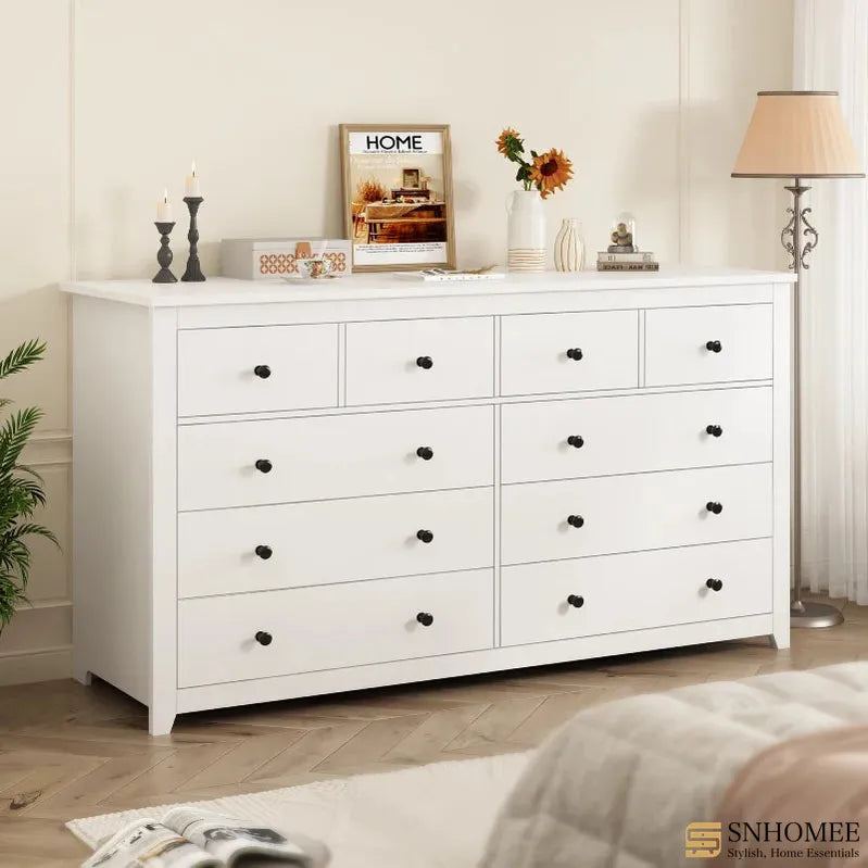 10 Drawers White Dresser 52" Wide Bedroom TV Stand Dresser for Hallway-Furniture > Dresser-White-snhomee