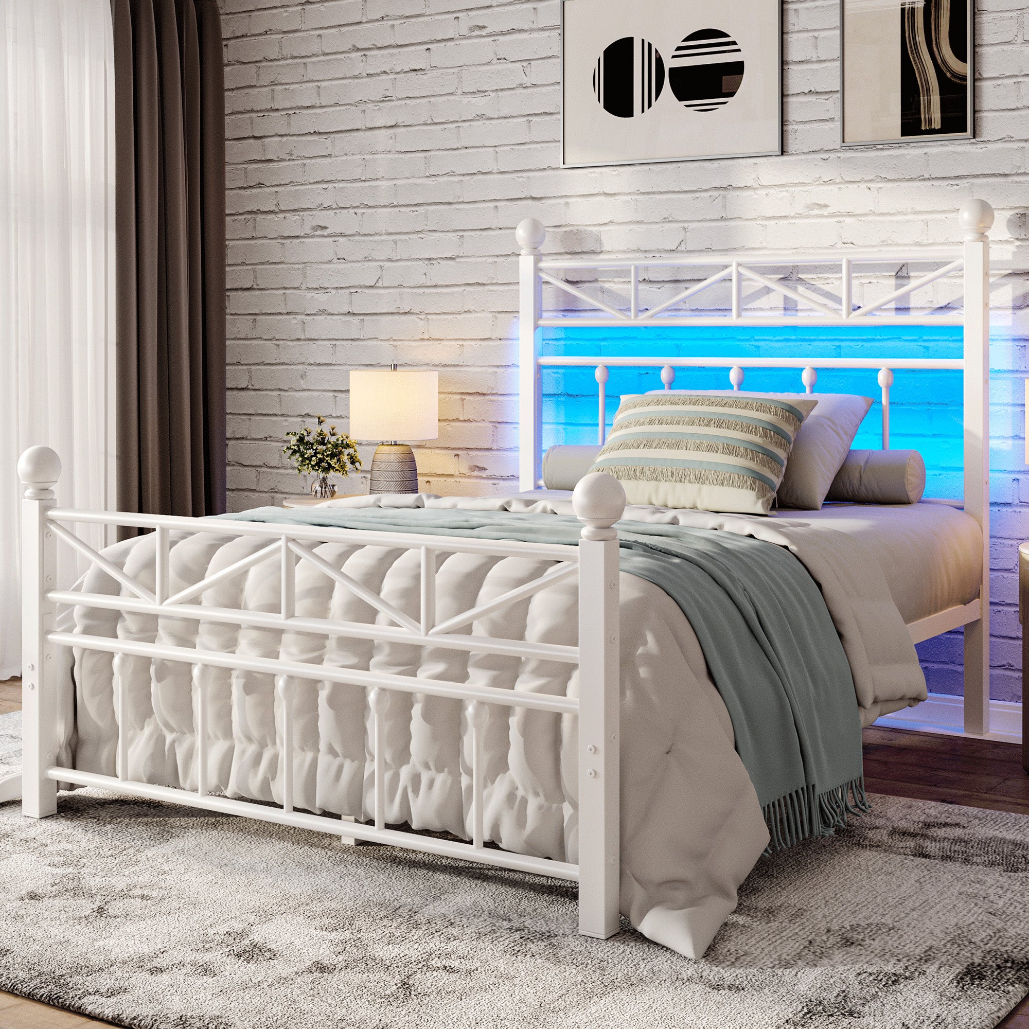 LED Metal Bed Frame with Tall Headboard & Footboard, Vintage Industrial Bed, Under Bed Storage & No Box Spring Needed, Noise-Free Design for Modern & Farmhouse Bedrooms