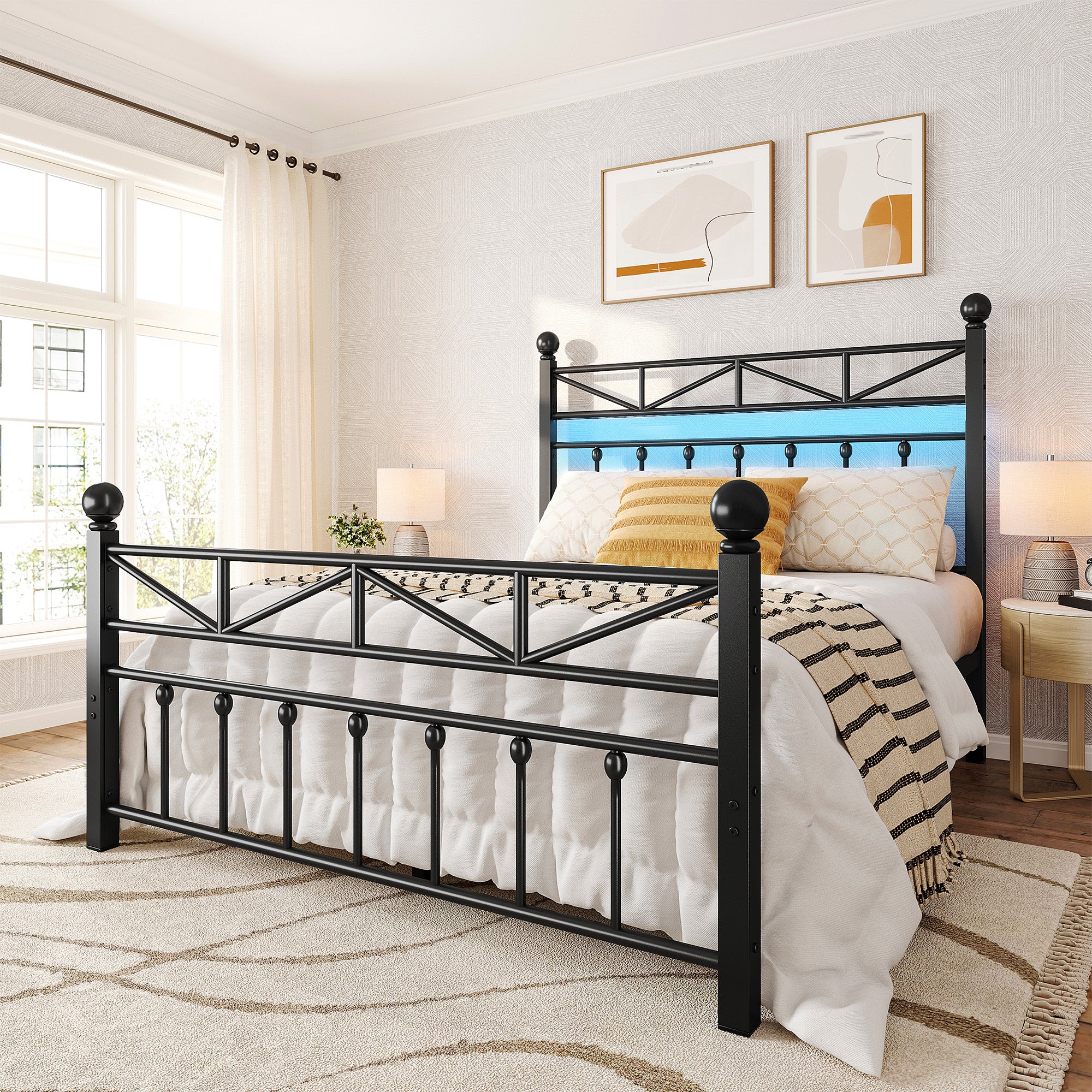 LED Metal Bed Frame with Tall Headboard & Footboard, Vintage Industrial Bed, Under Bed Storage & No Box Spring Needed, Noise-Free Design for Modern & Farmhouse Bedrooms