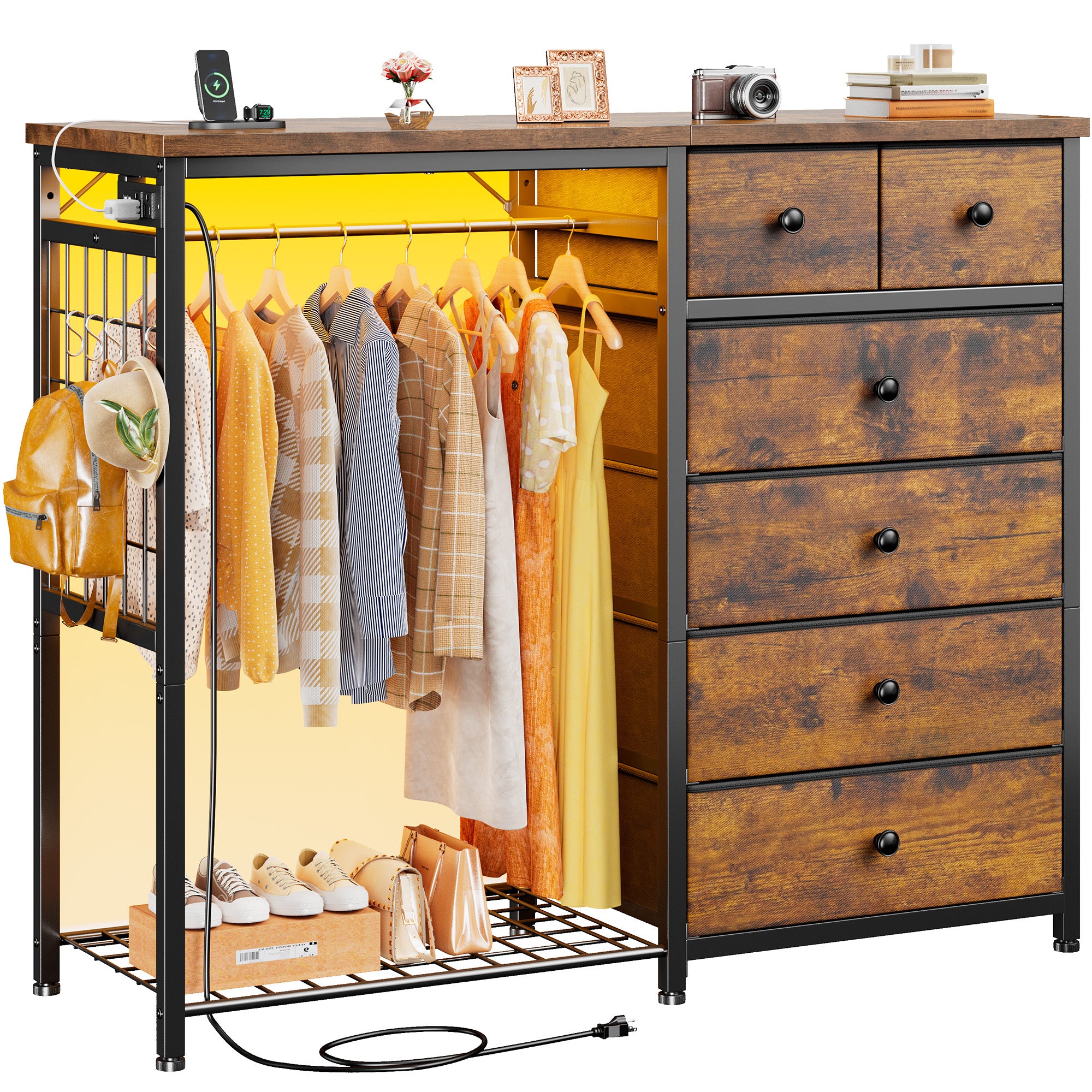 49.2" W Dresser with Hanging Rack & LED Lights - 6-Drawer Storage + Charging Station for Bedroom/Closet, Rustic Brown-Rustic Brown-snhomee