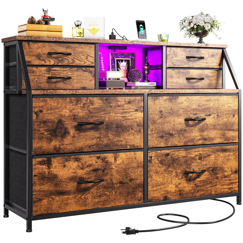 Snhomee 8-Drawer Dresser with LED Lights and Built-in Charging Station, Durable Storage Chest with Open Shelves for Bedroom, Living Room, or Hallway