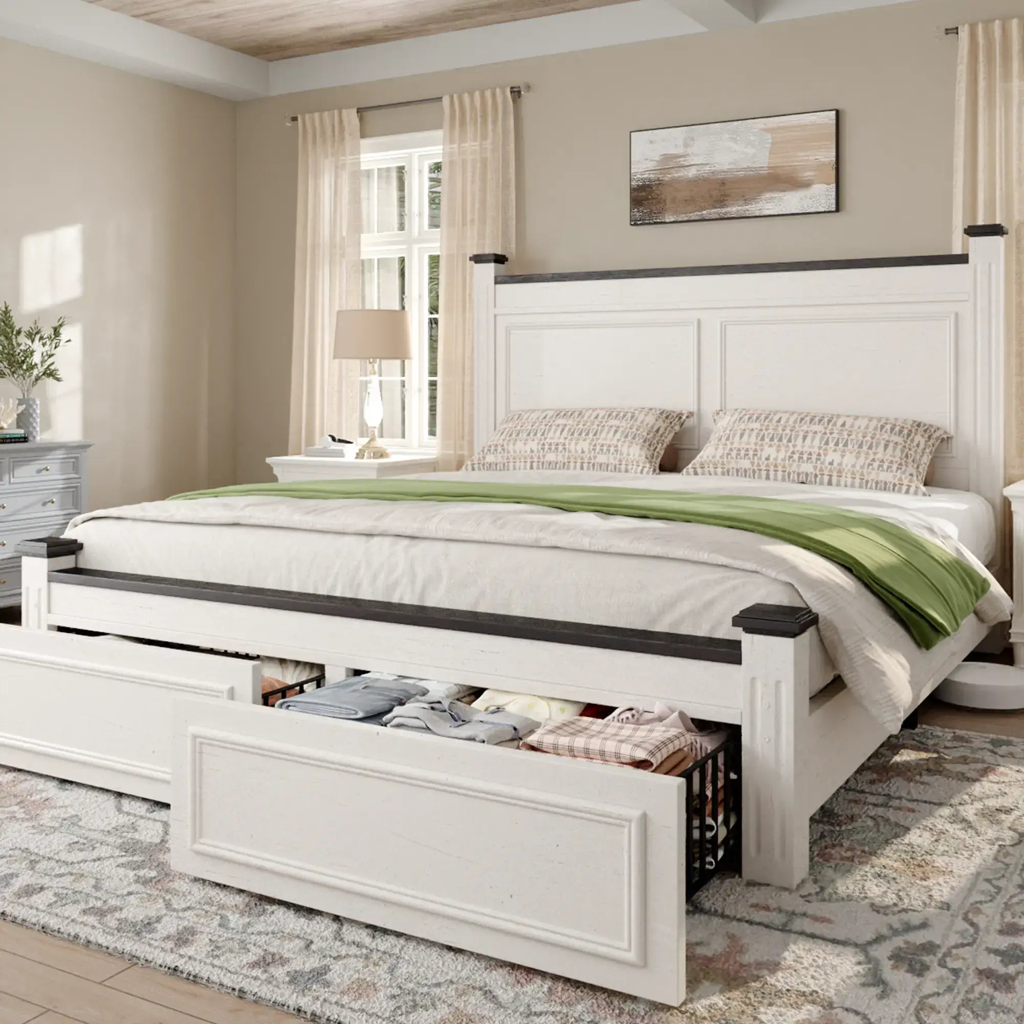 Snhomee Bed Frame with 51.25" H Headboard and Storage Drawers, Modern Bed Frame with Storage ,NO Noise, No Box Spring Needed, White