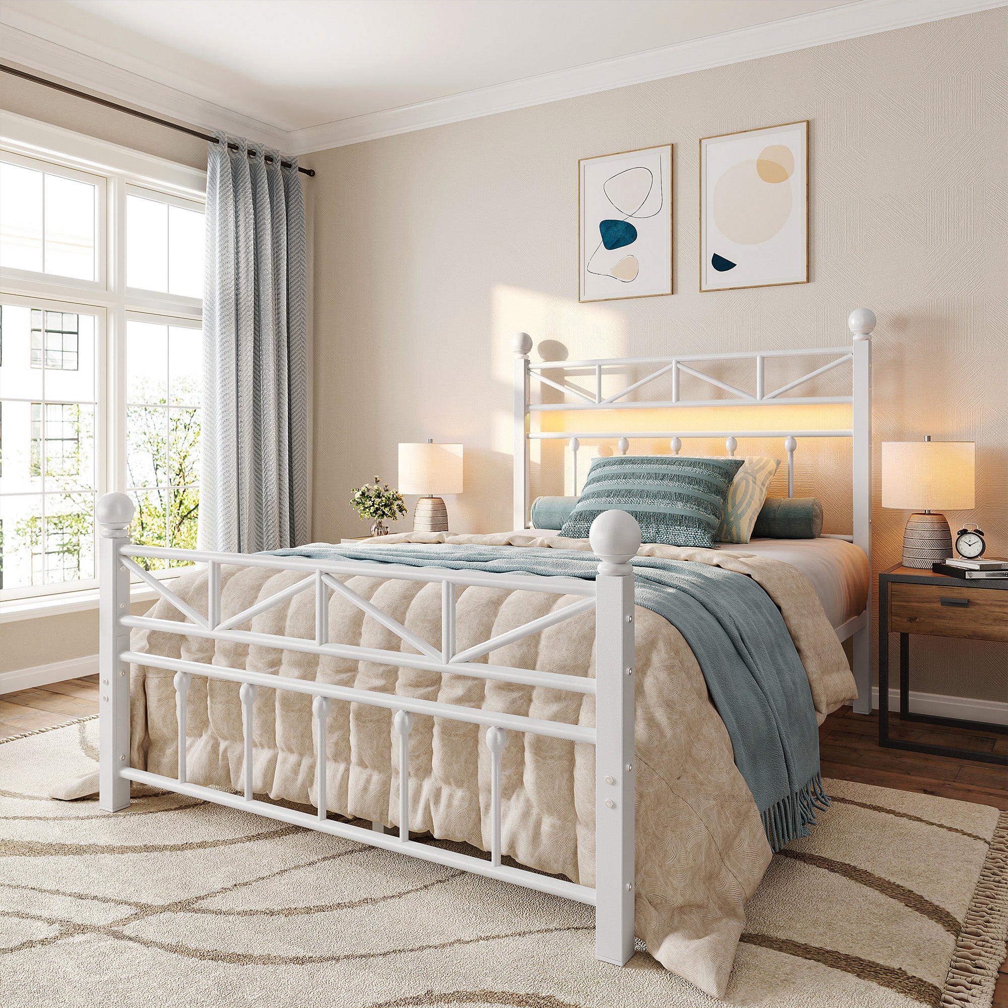 LED Metal Bed Frame with Tall Headboard & Footboard, Vintage Industrial Bed, Under Bed Storage & No Box Spring Needed, Noise-Free Design for Modern & Farmhouse Bedrooms